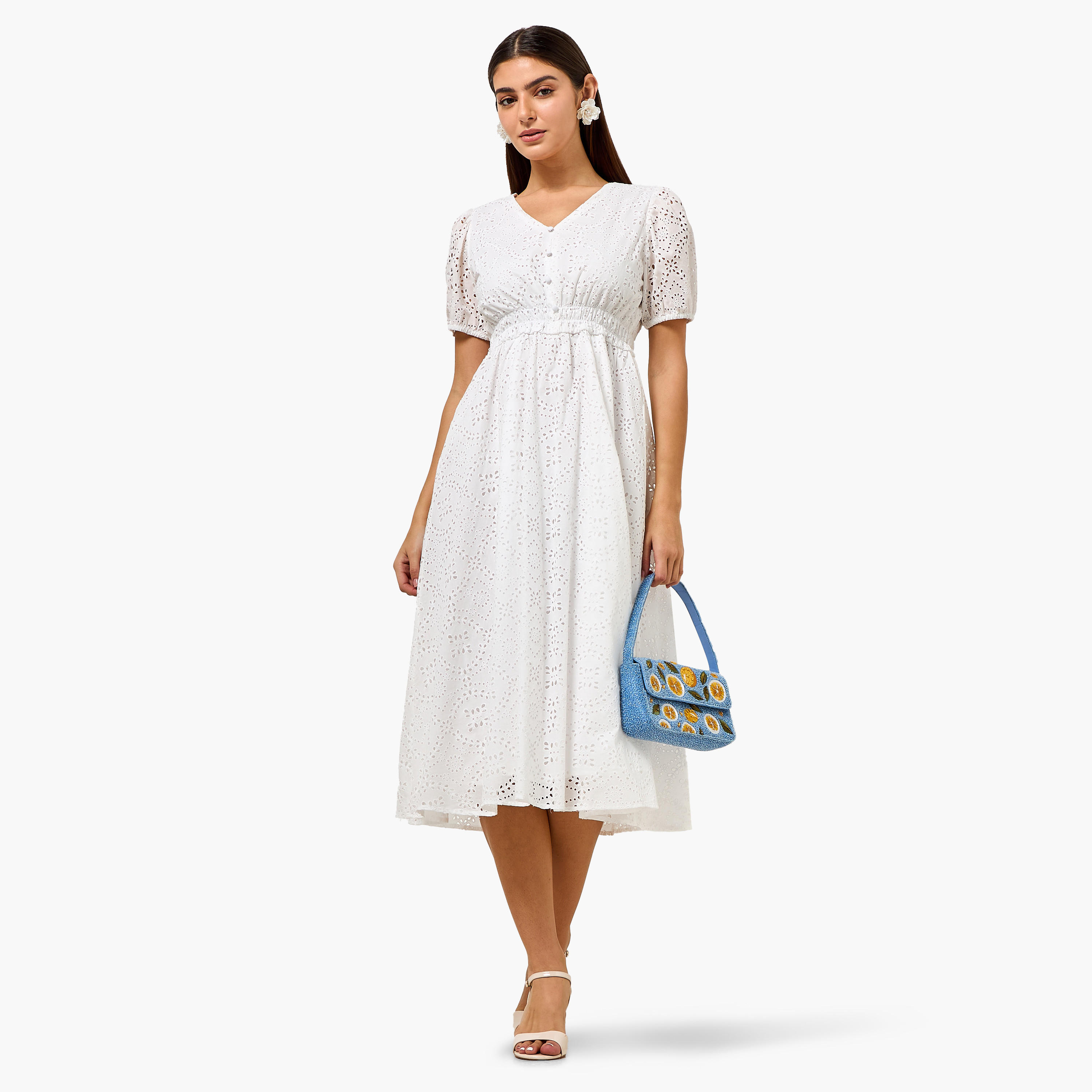 فستان إيه لاين قطن بتفاصيل شيفلي للنساء-women-clothing-dresses-image-4