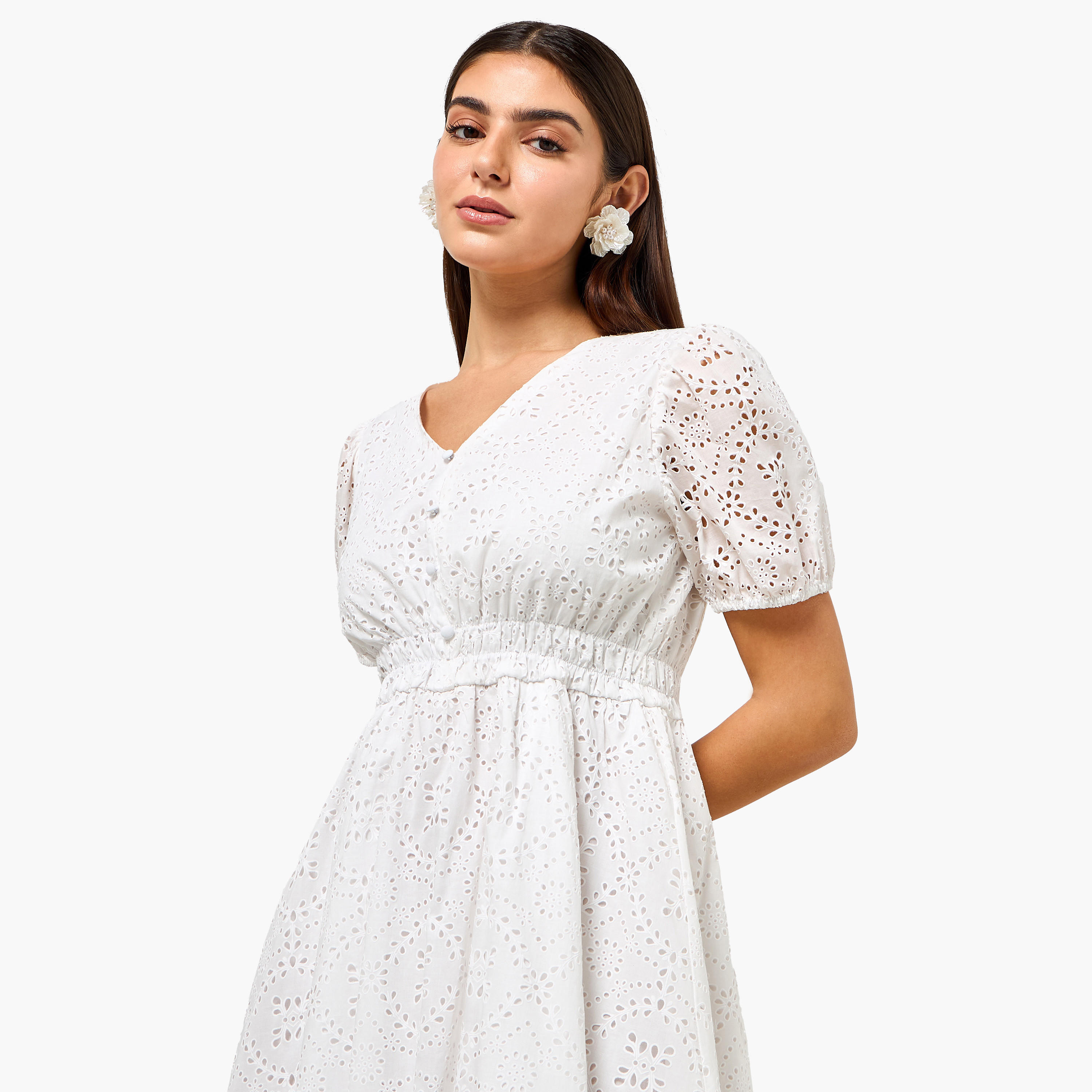 فستان إيه لاين قطن بتفاصيل شيفلي للنساء-women-clothing-dresses-image-6