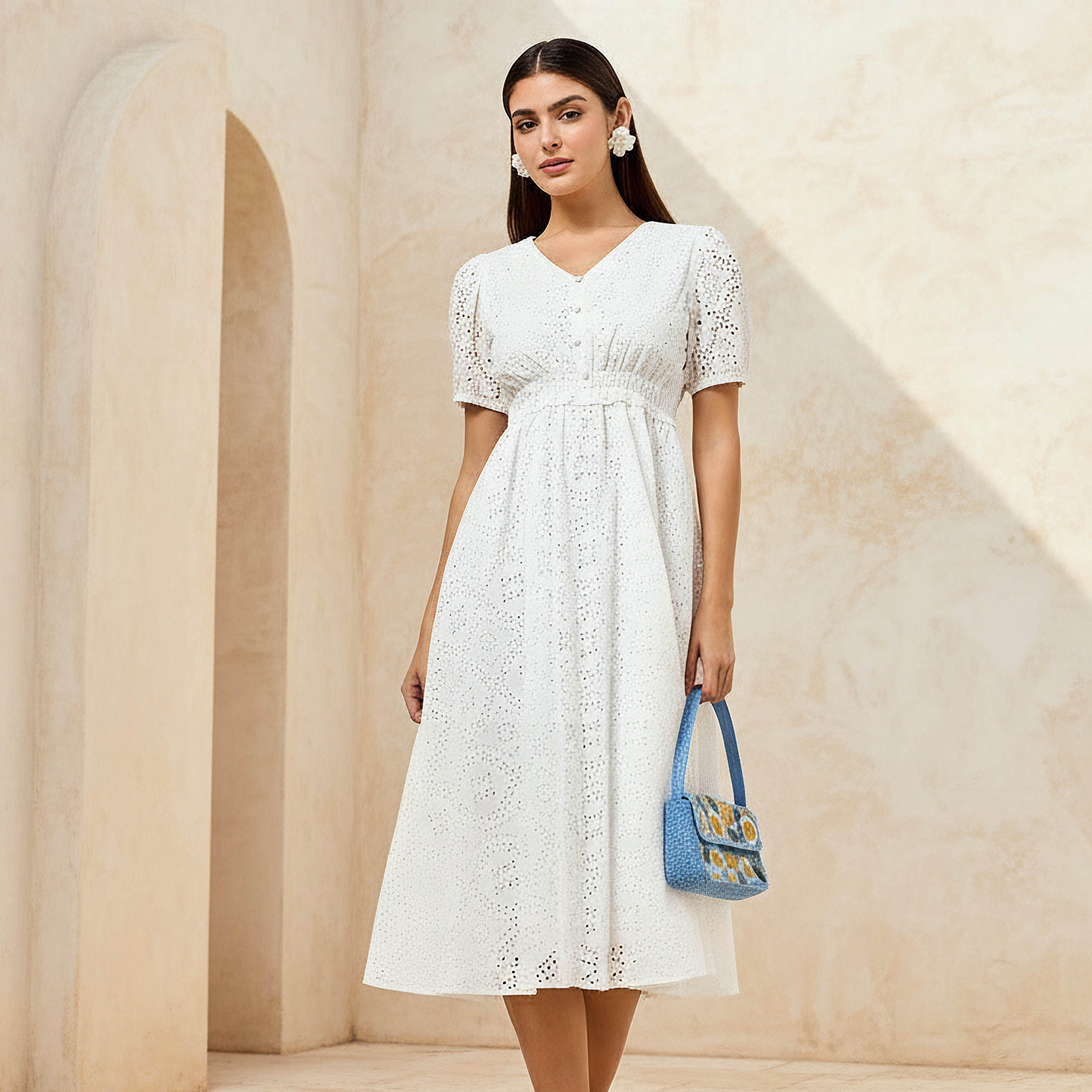 Checked A-line Women Dress with Schiffli Detail Cotton-women-clothing-dresses-image-1
