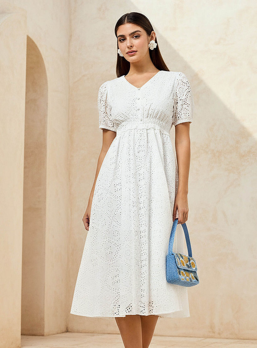 فستان إيه لاين قطن بتفاصيل شيفلي للنساء-women-clothing-dresses-image-1