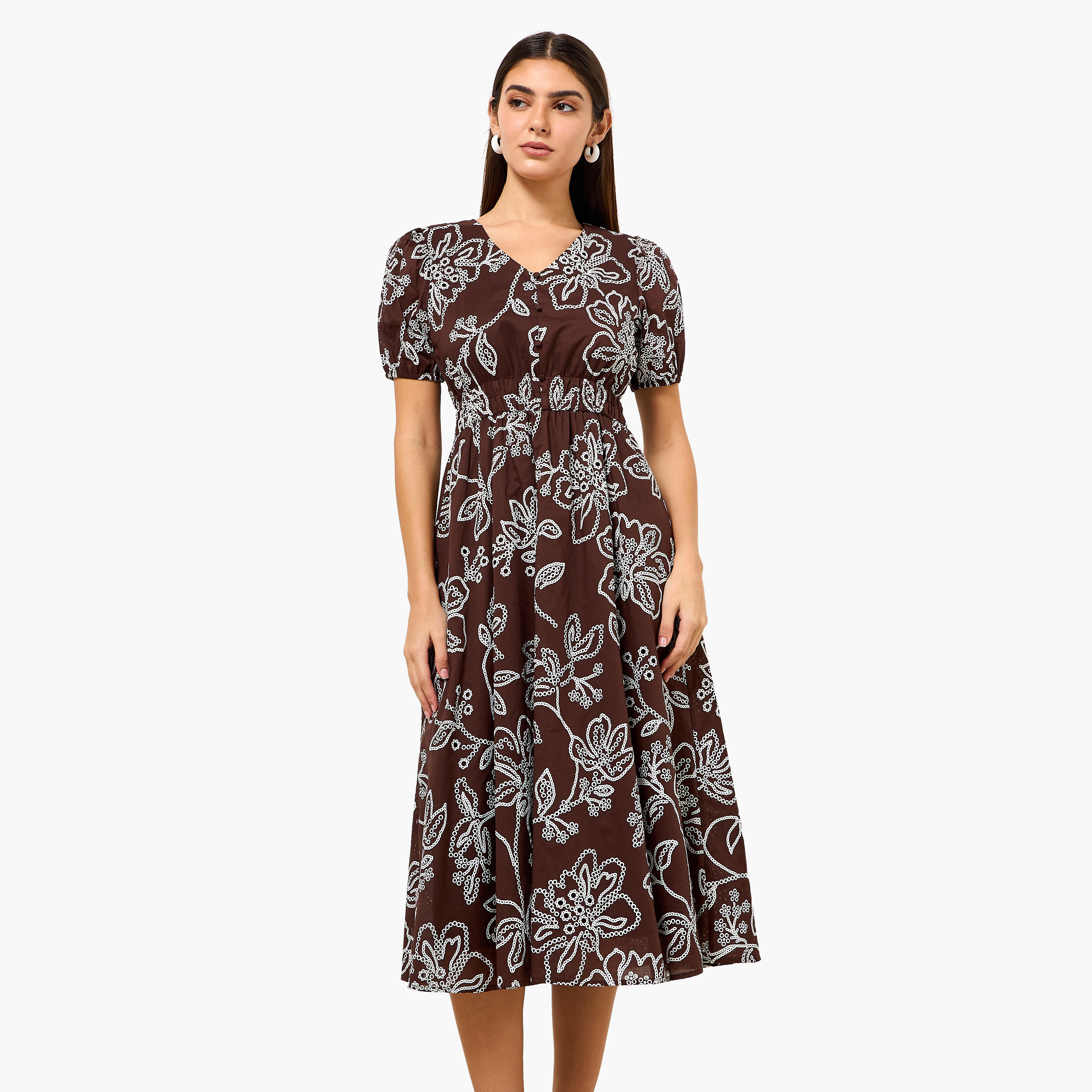 Checked A-line Women Dress with Schiffli Detail Cotton-women-clothing-dresses-image-2