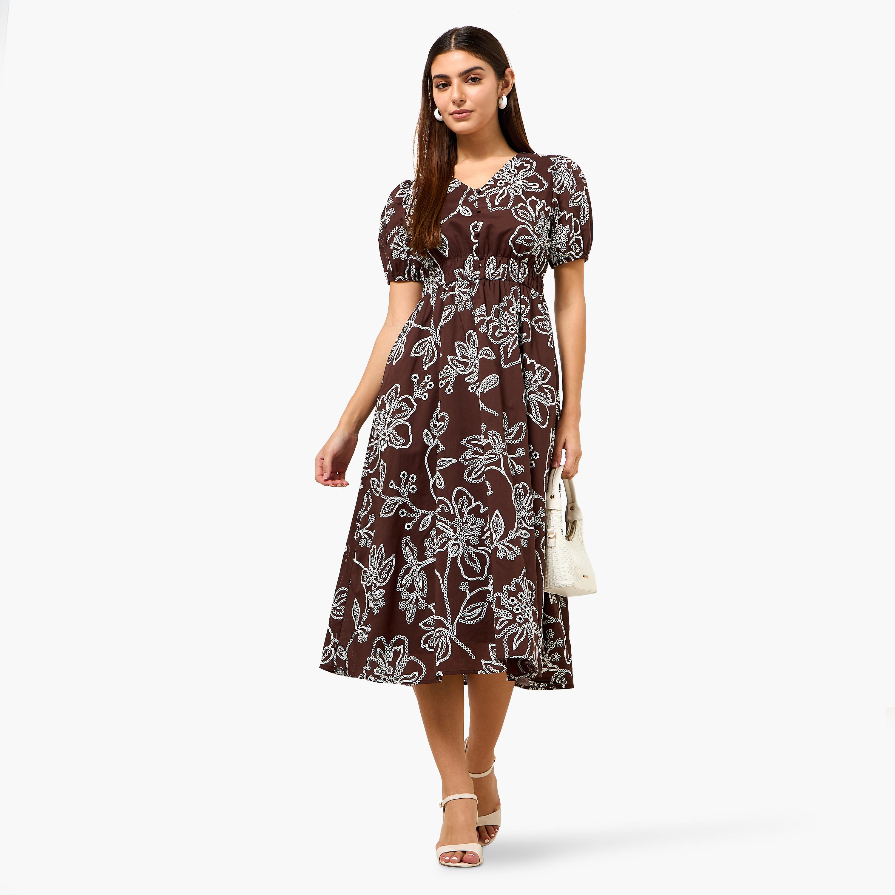 Checked A-line Women Dress with Schiffli Detail Cotton-women-clothing-dresses-image-4
