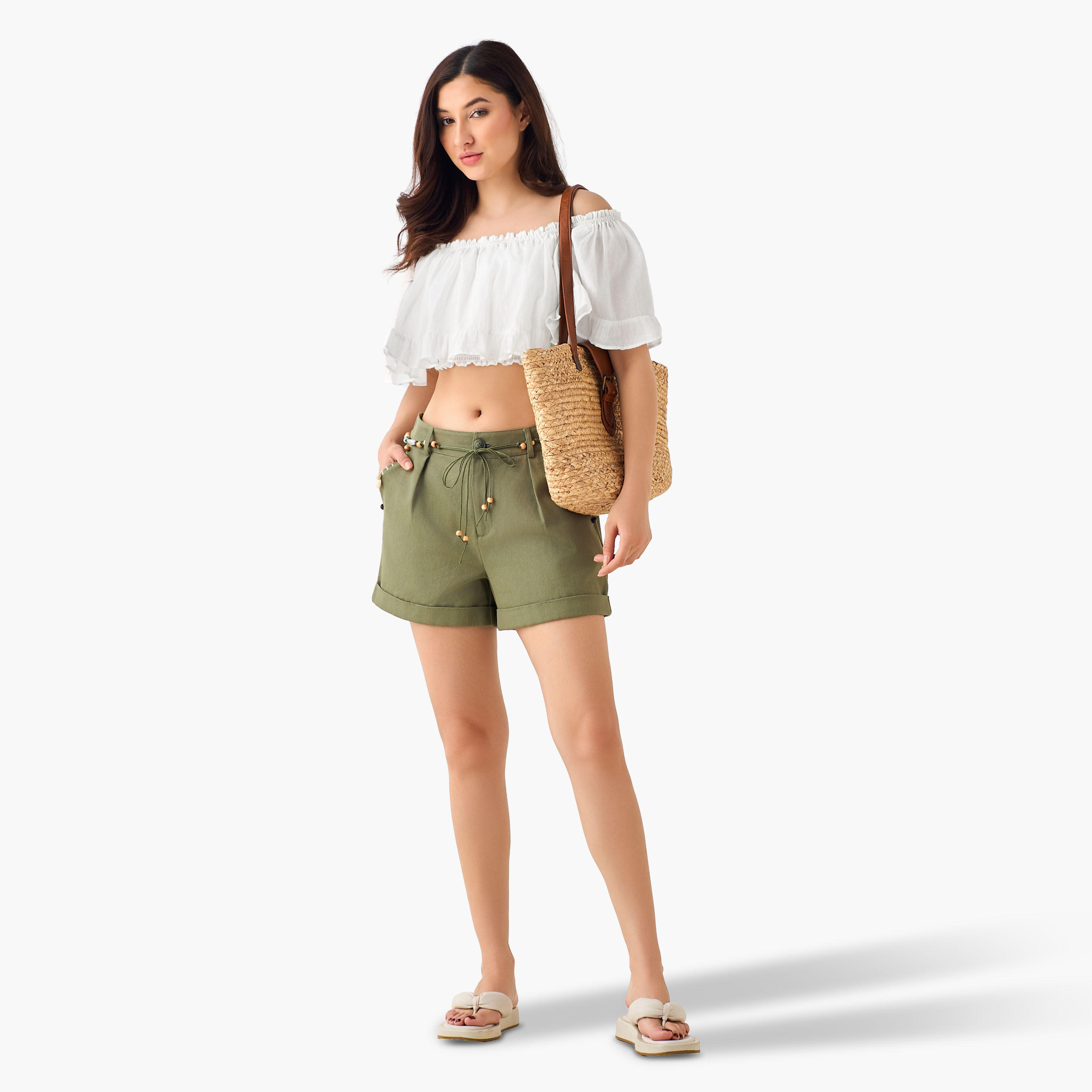 شورت بارز الملمس بقصة عادية وحزام خرز-women-clothing-bottoms-shorts-image-6