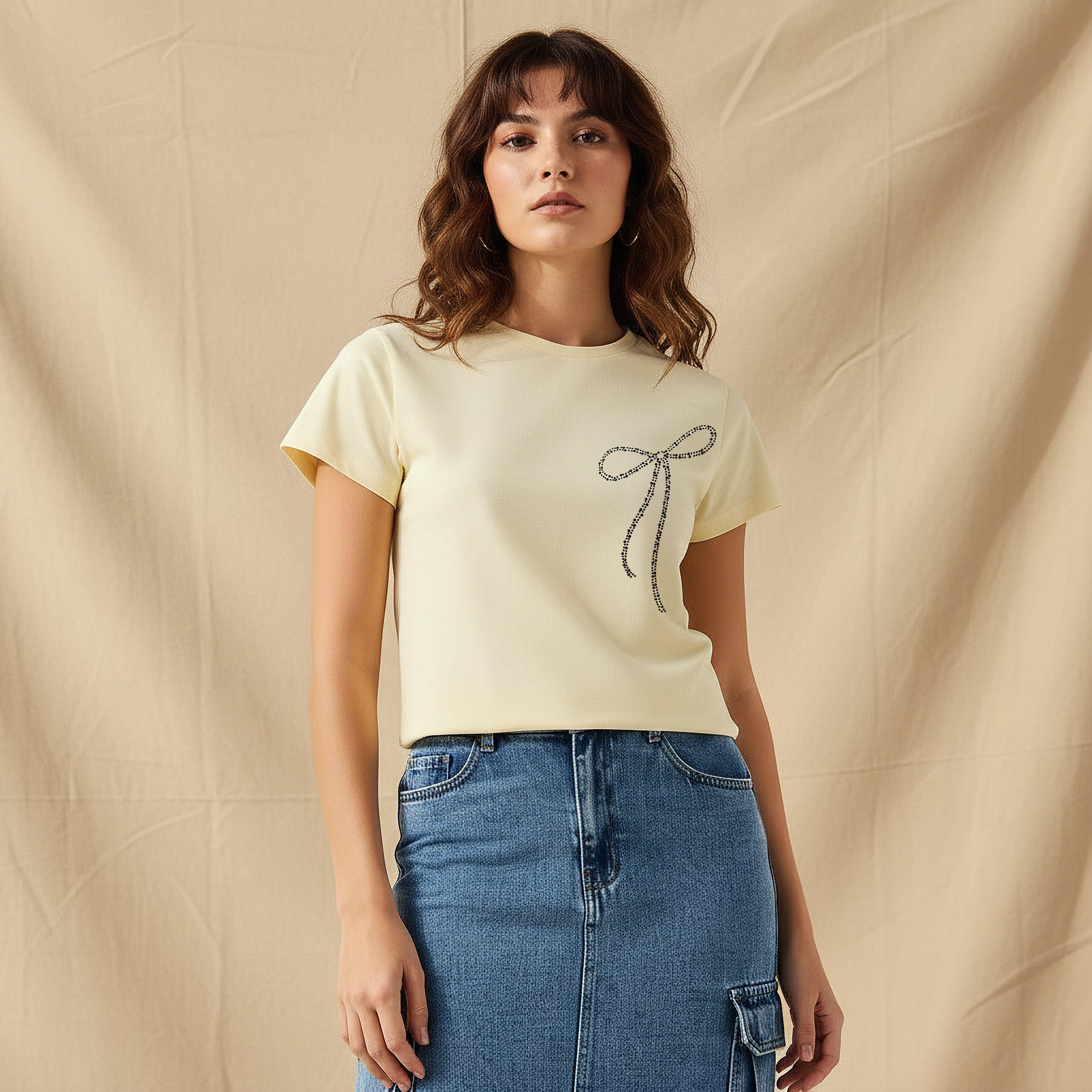 Cotton T-Shirt with Embellished Bow Detail-women-clothing-tshirts-image-1