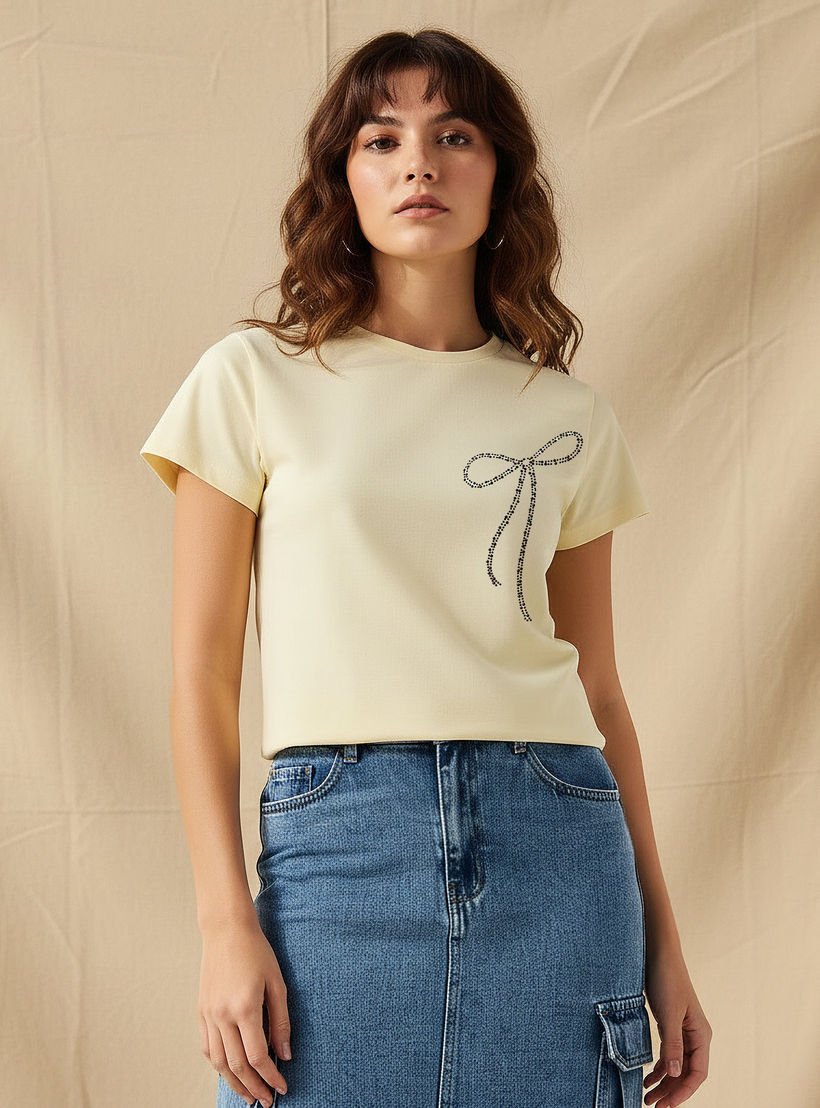 Cotton T-Shirt with Embellished Bow Detail-women-clothing-tshirts-image-1
