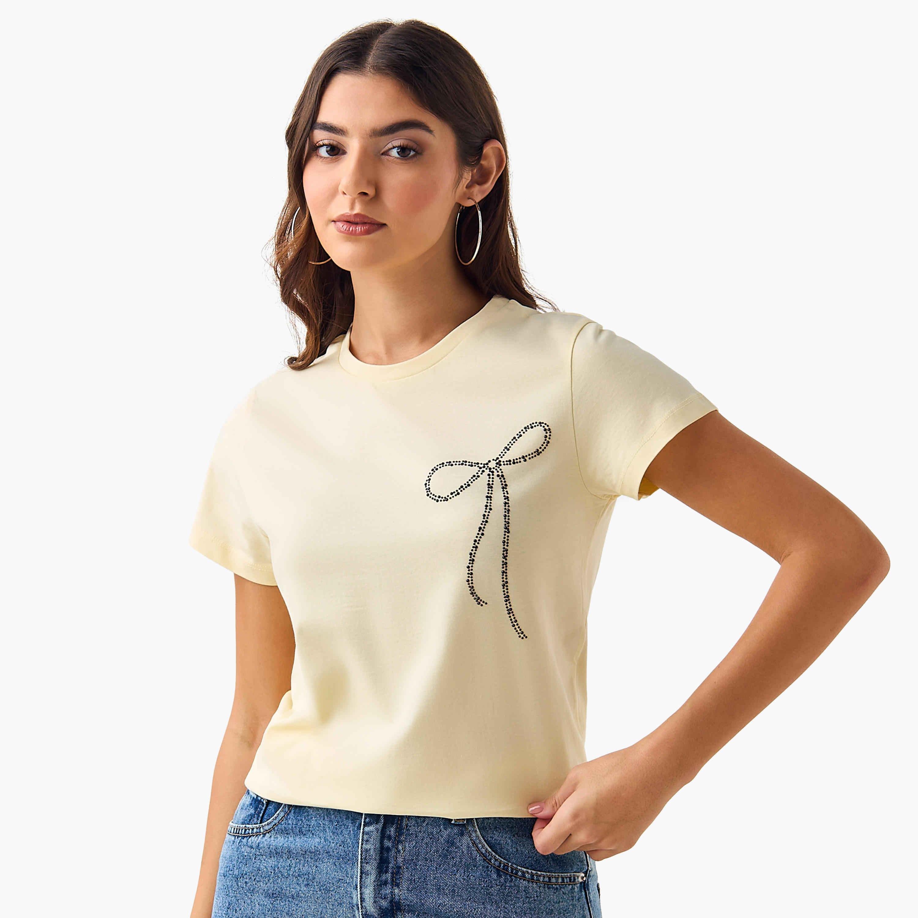 Cotton T-Shirt with Embellished Bow Detail-women-clothing-tshirts-image-4