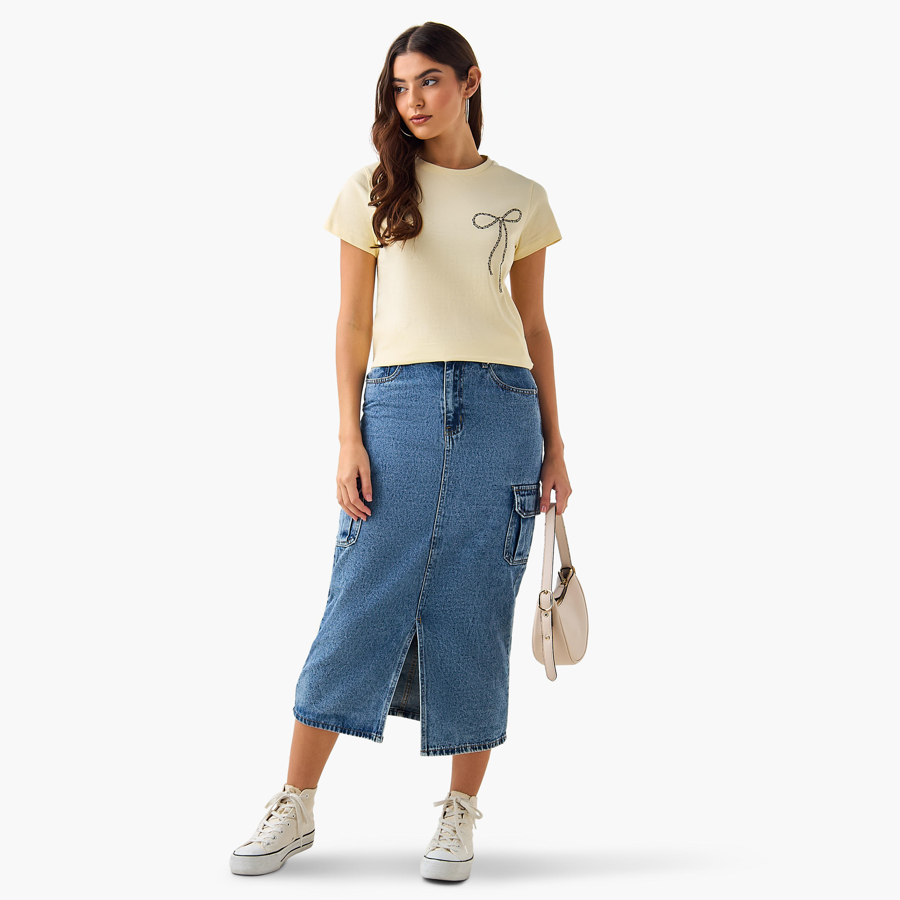 Cotton T-Shirt with Embellished Bow Detail-women-clothing-tshirts-image-5