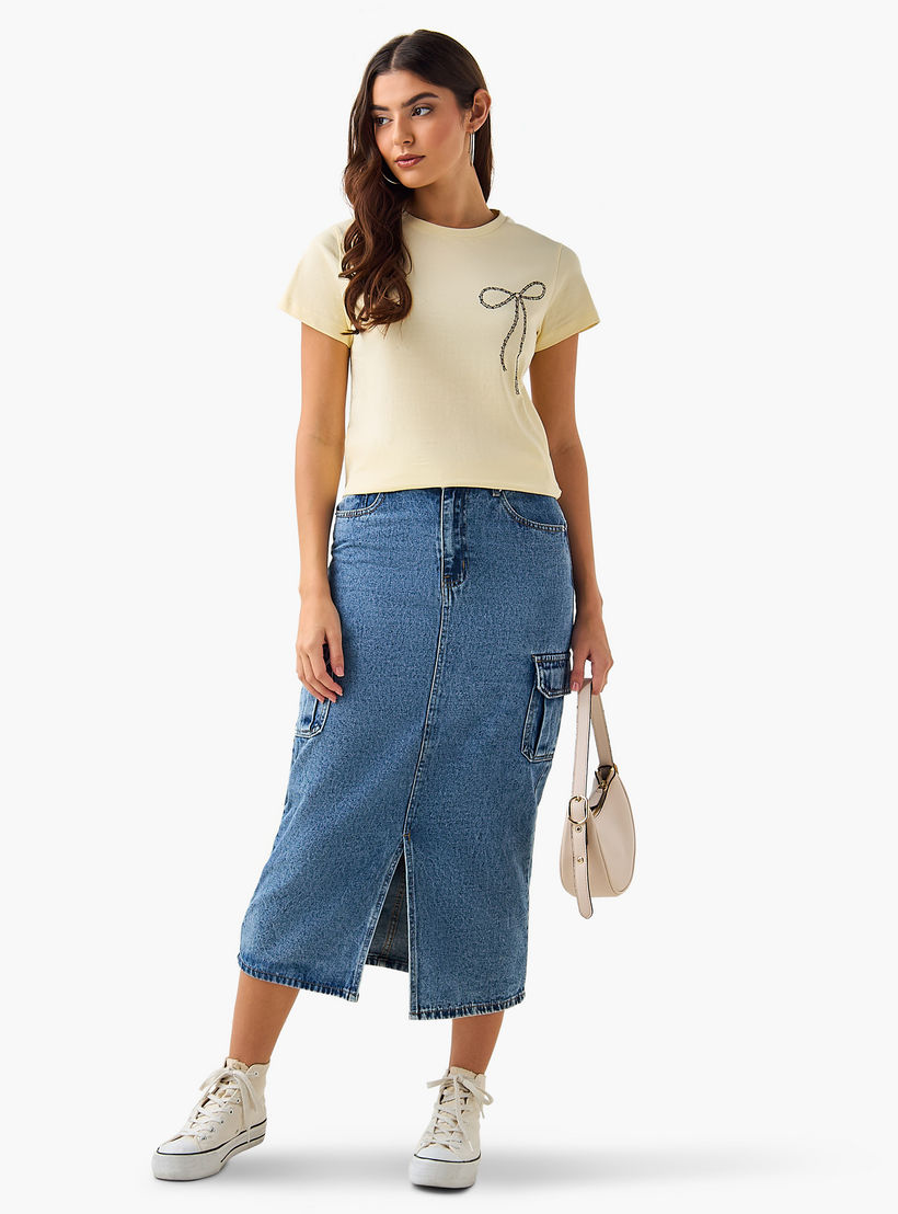 Cotton T-Shirt with Embellished Bow Detail-women-clothing-tshirts-image-5