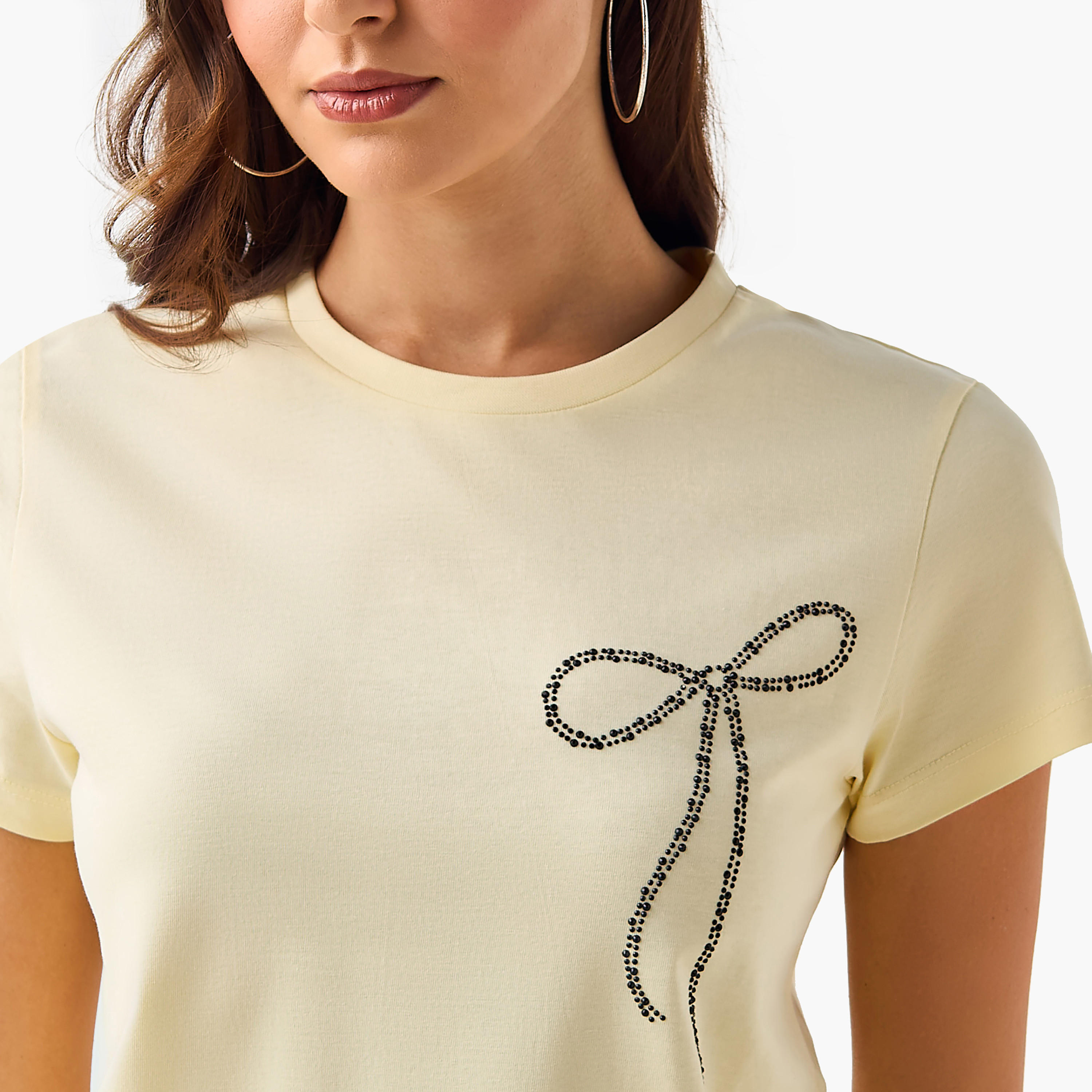 Cotton T-Shirt with Embellished Bow Detail-women-clothing-tshirts-image-7