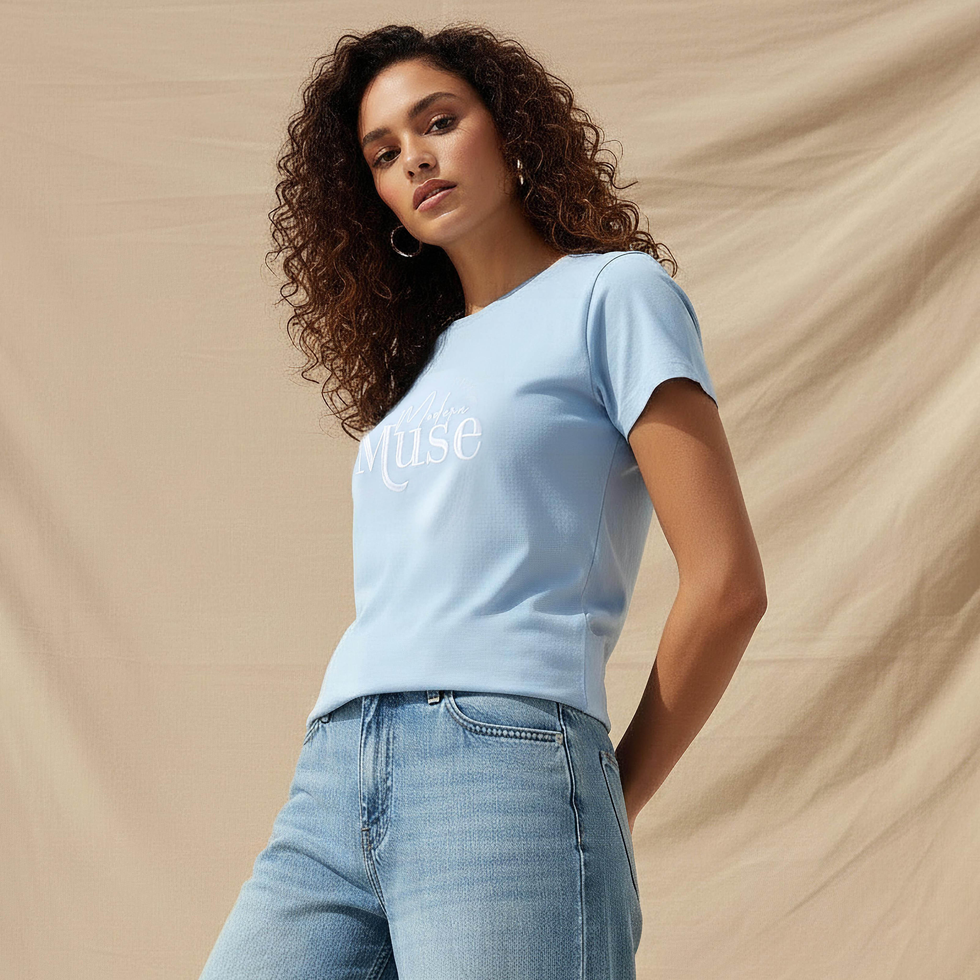 Cotton T-shirt with Print and Embroidery-women-clothing-tshirts-image-1