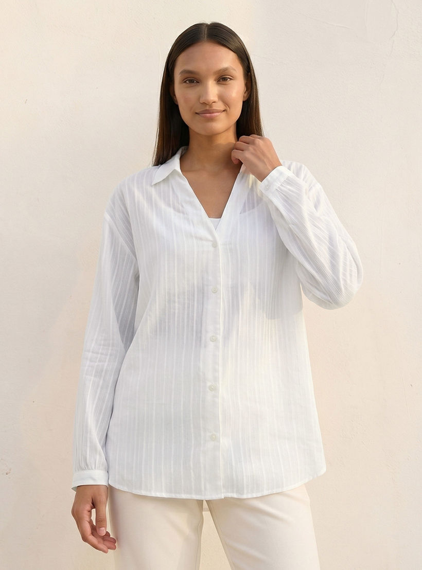 Cotton Striped Shirt with Dropped Sleeves-women-clothing-shirtsandblouses-shirts-image-1