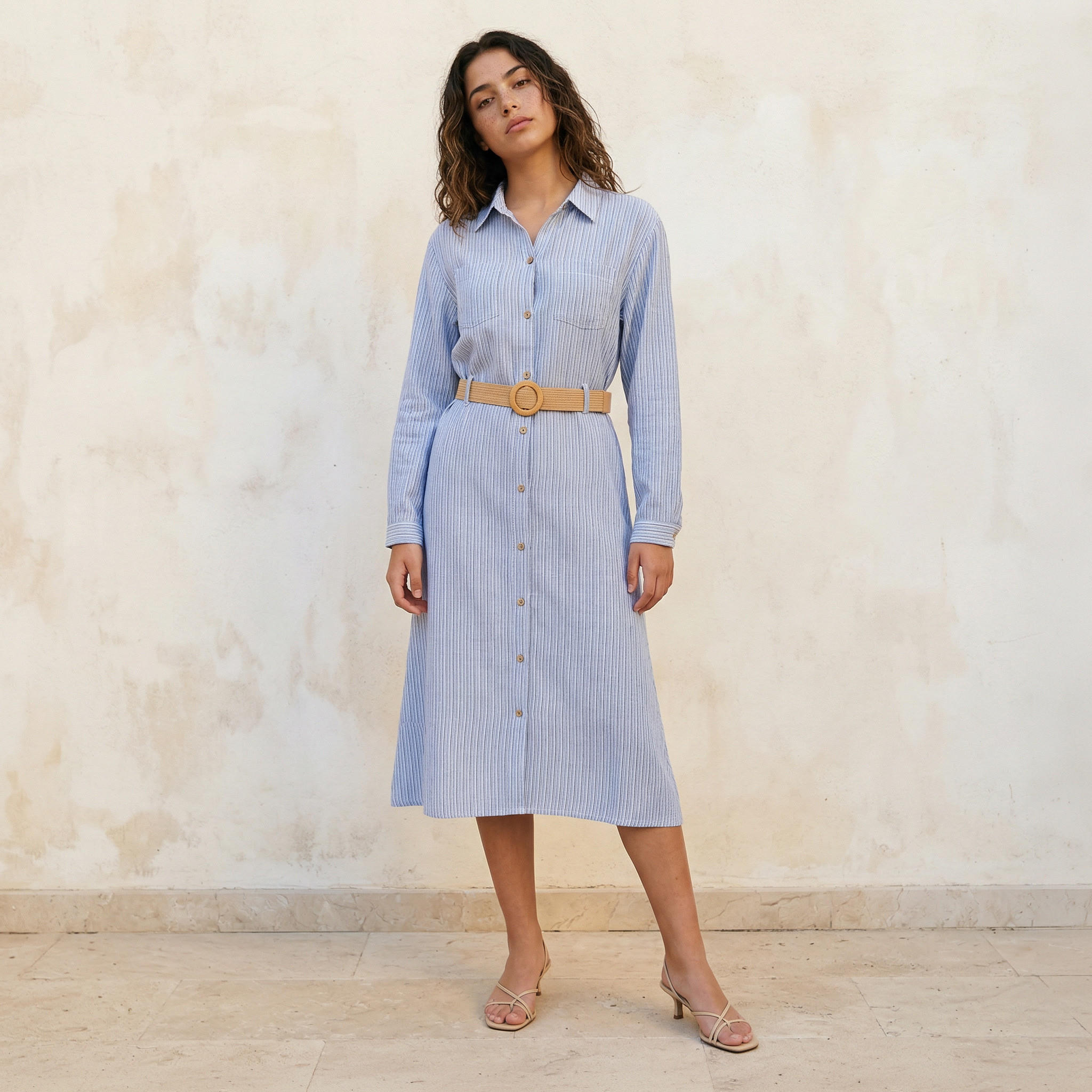 فستان قميص نسائي مقلم بحزام أنيق-women-clothing-dresses-image-1