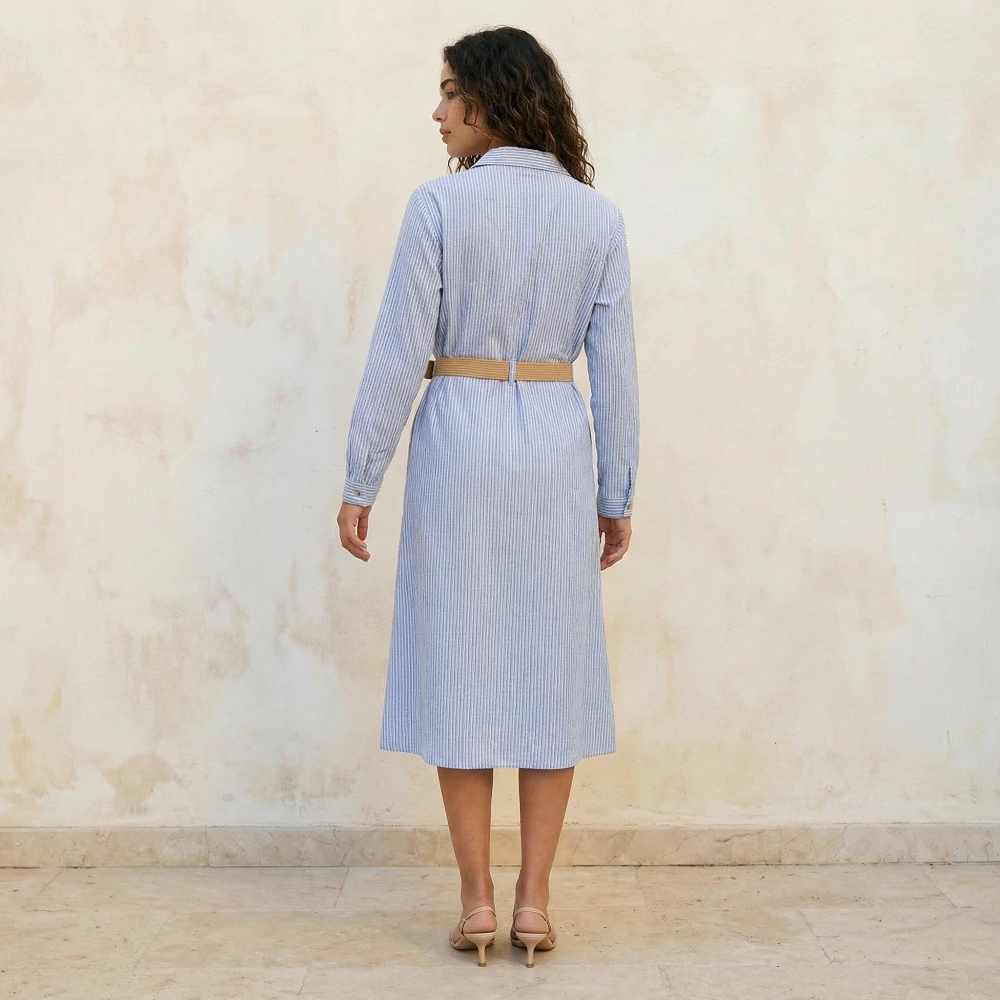 فستان قميص نسائي مقلم بحزام أنيق-women-clothing-dresses-image-3