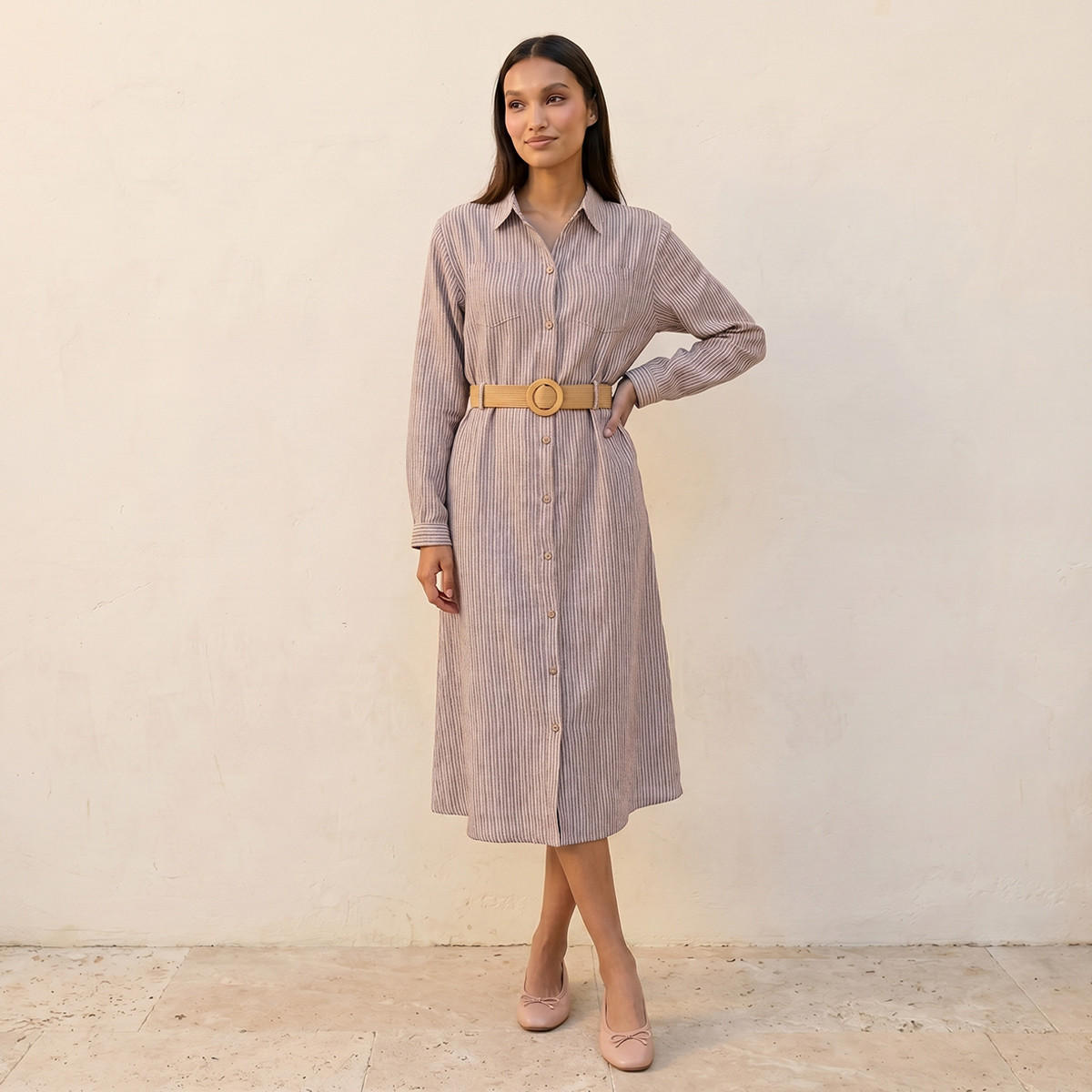 فستان قميص نسائي مقلم بحزام أنيق-women-clothing-dresses-image-1