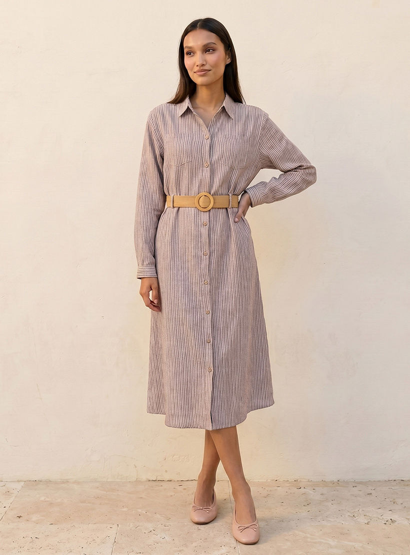 فستان قميص نسائي مقلم بحزام أنيق-women-clothing-dresses-image-1
