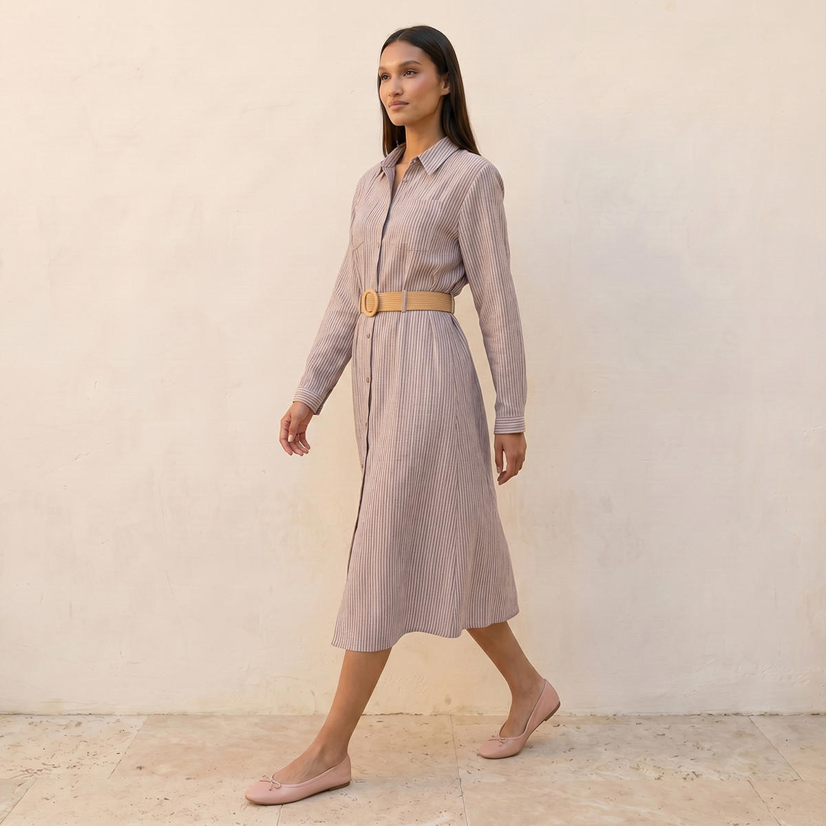 فستان قميص نسائي مقلم بحزام أنيق-women-clothing-dresses-image-3