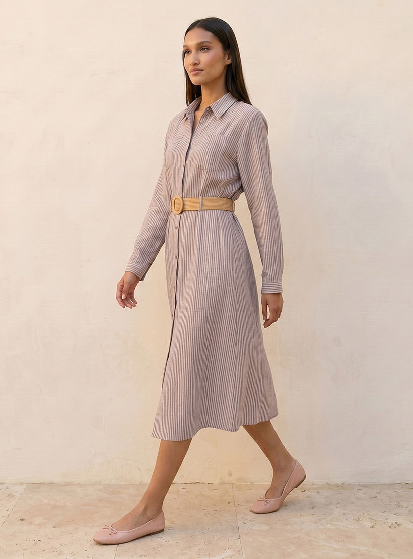 فستان قميص نسائي مقلم بحزام أنيق-women-clothing-dresses-image-3
