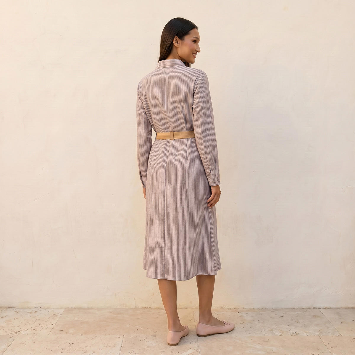 فستان قميص نسائي مقلم بحزام أنيق-women-clothing-dresses-image-4