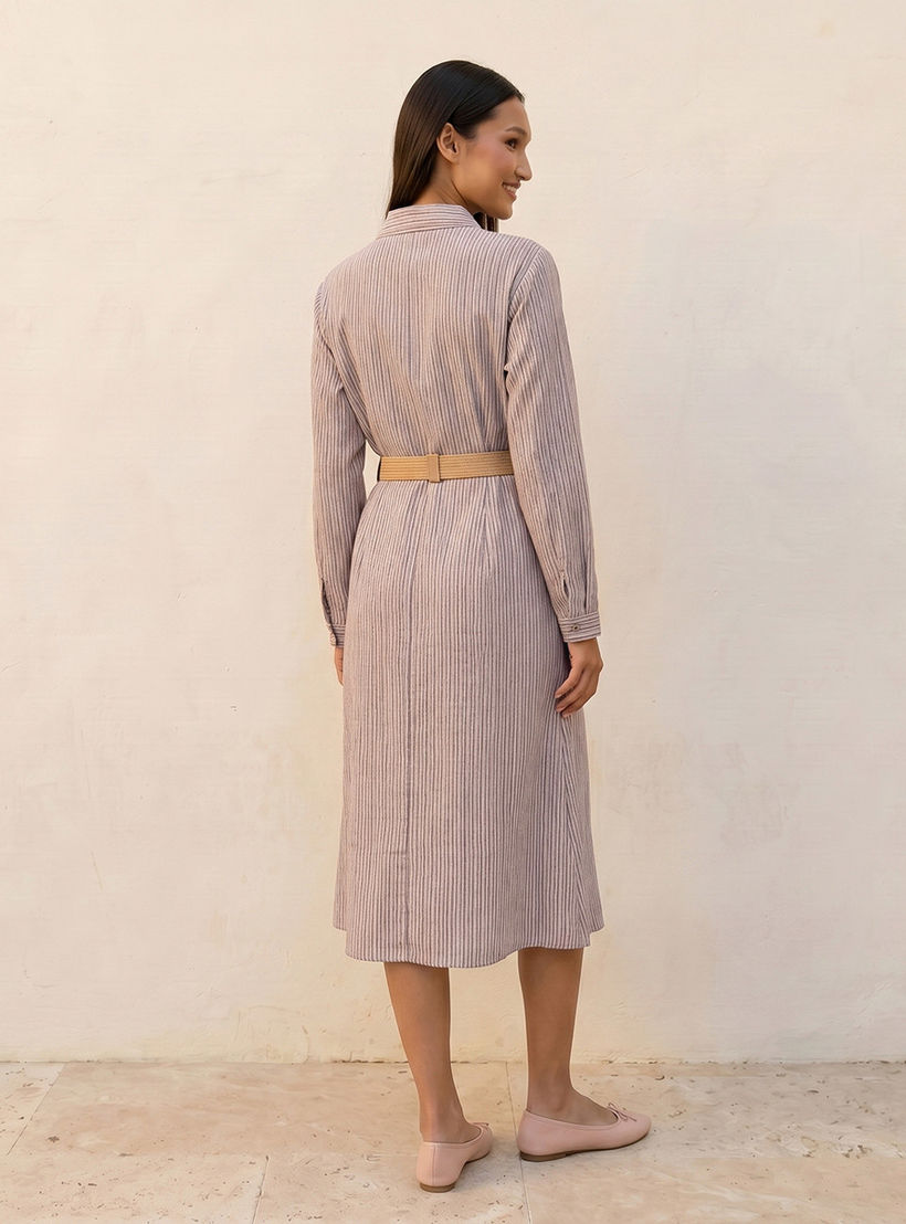 فستان قميص نسائي مقلم بحزام أنيق-women-clothing-dresses-image-4
