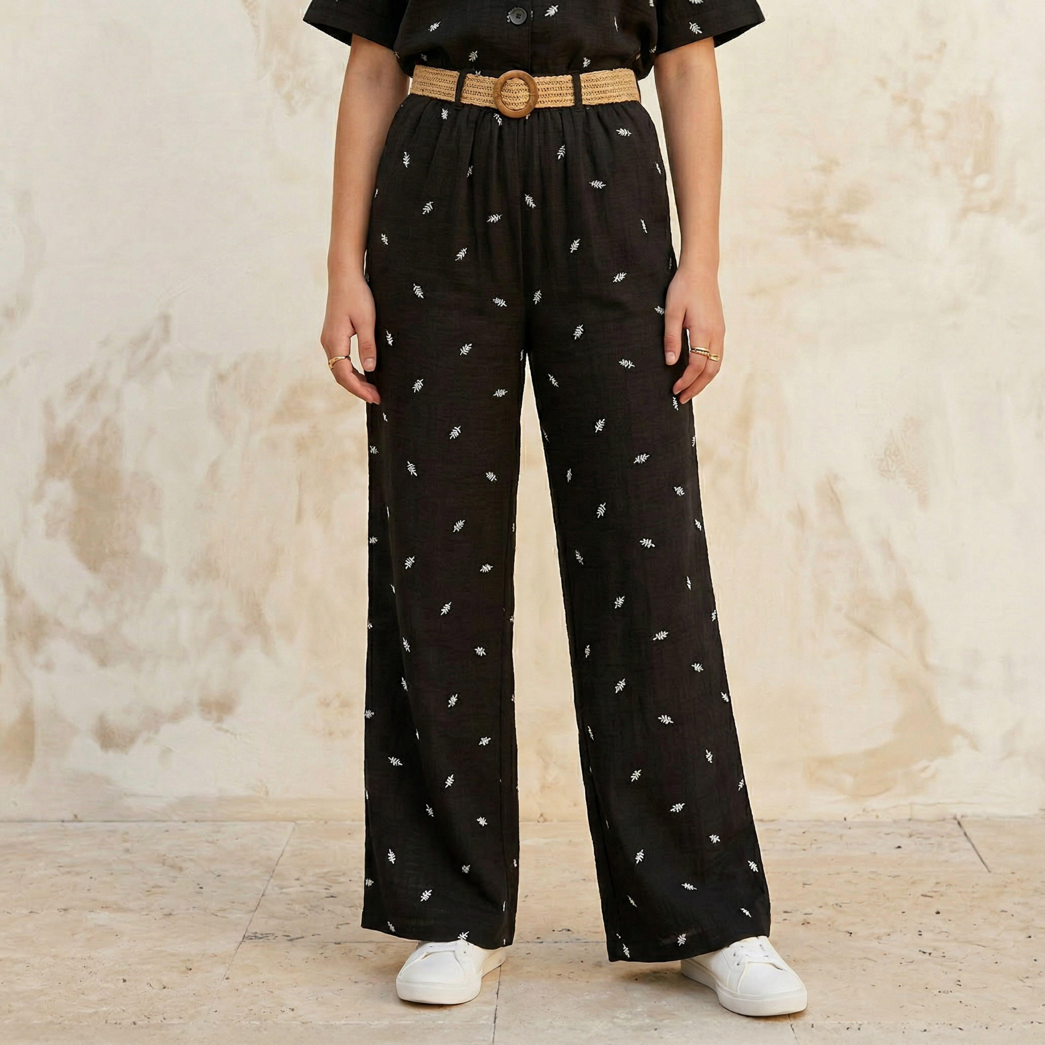 Mid-Rise Leaf Embroidered Belted Wide Leg Trousers-women-clothing-bottoms-trousers-image-1