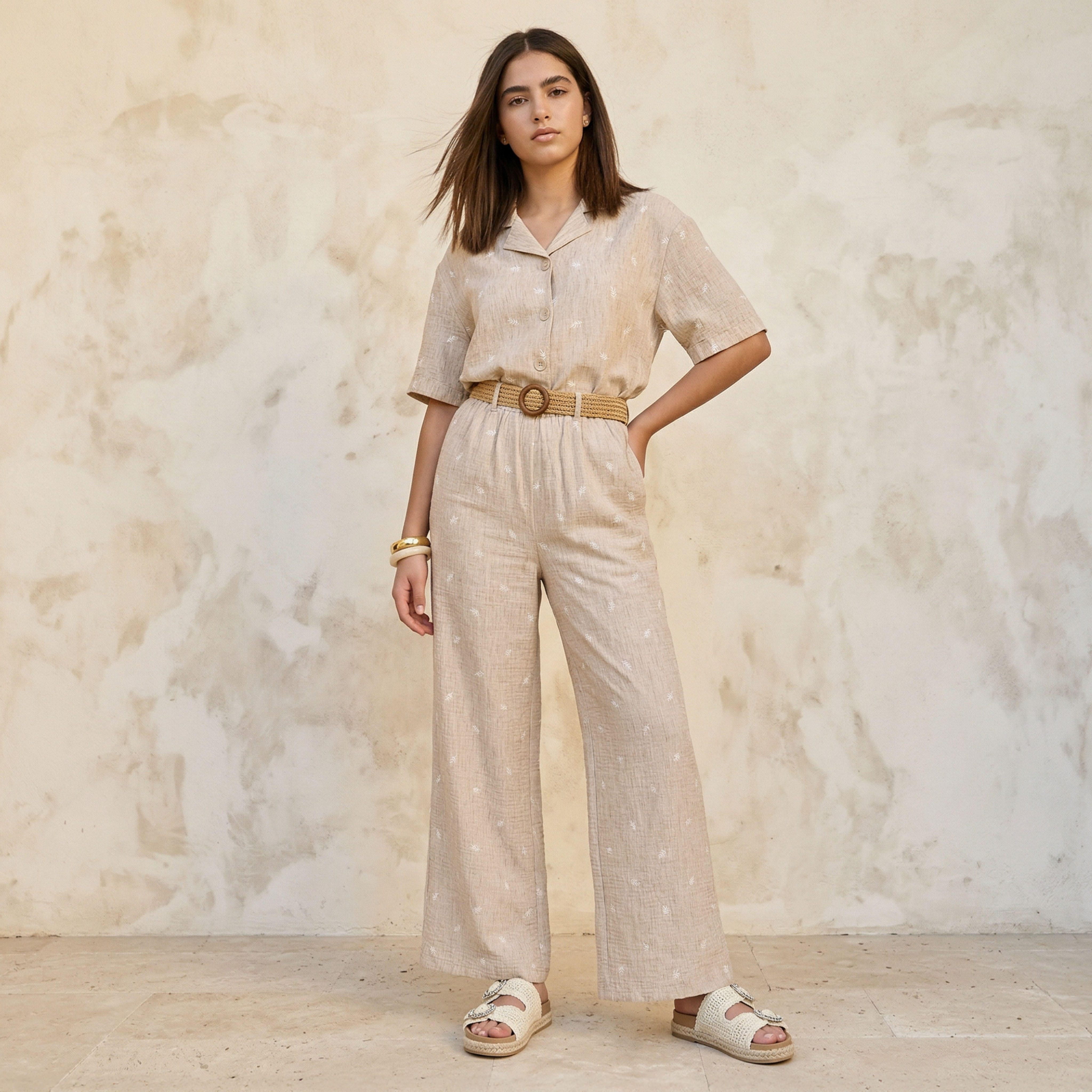 بنطلون بخصر متوسط وتطريزات أوراق شجر وحزام وساق واسعة-women-clothing-coordsets-image-3