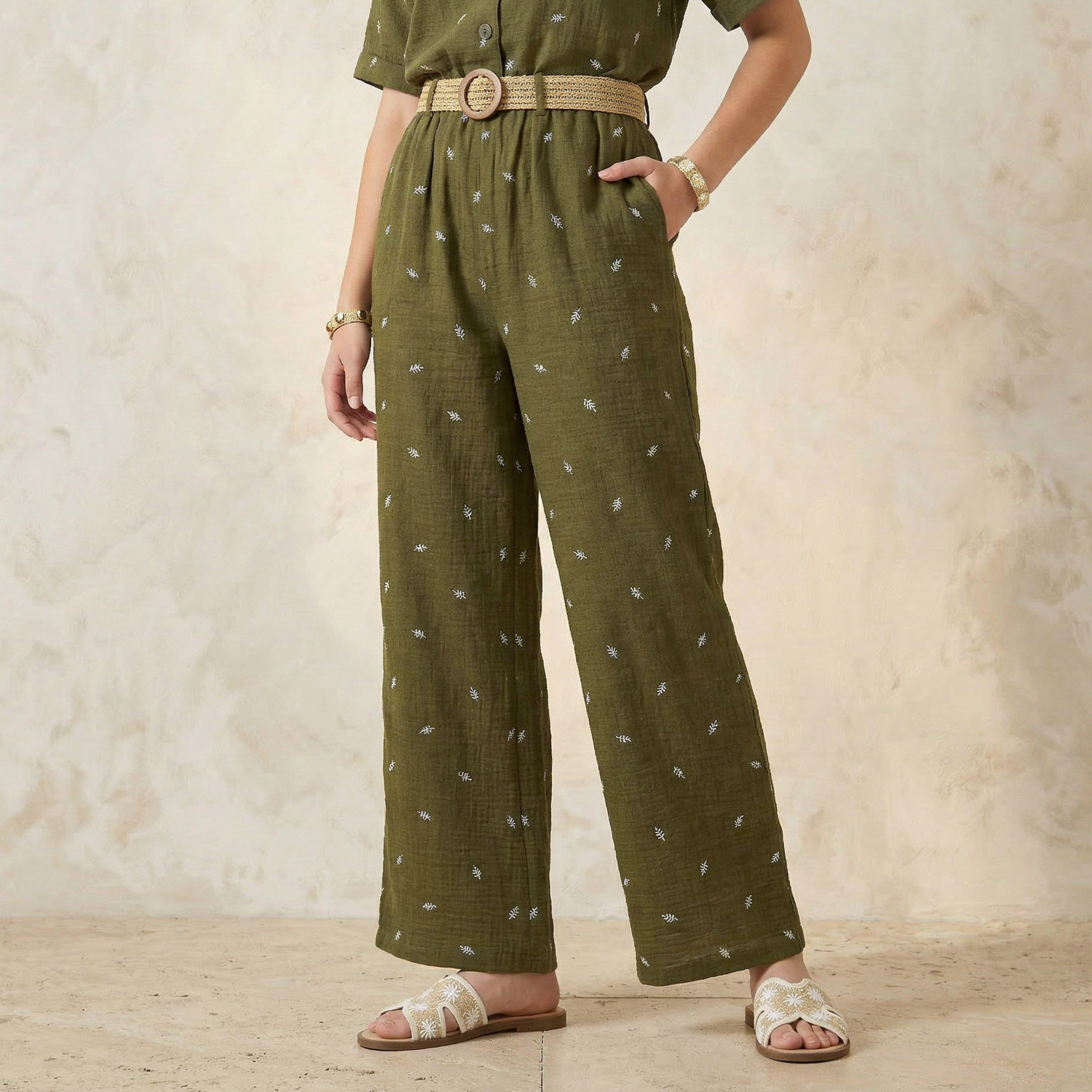 Mid-Rise Leaf Embroidered Belted Wide Leg Trousers-women-clothing-coordsets-image-1