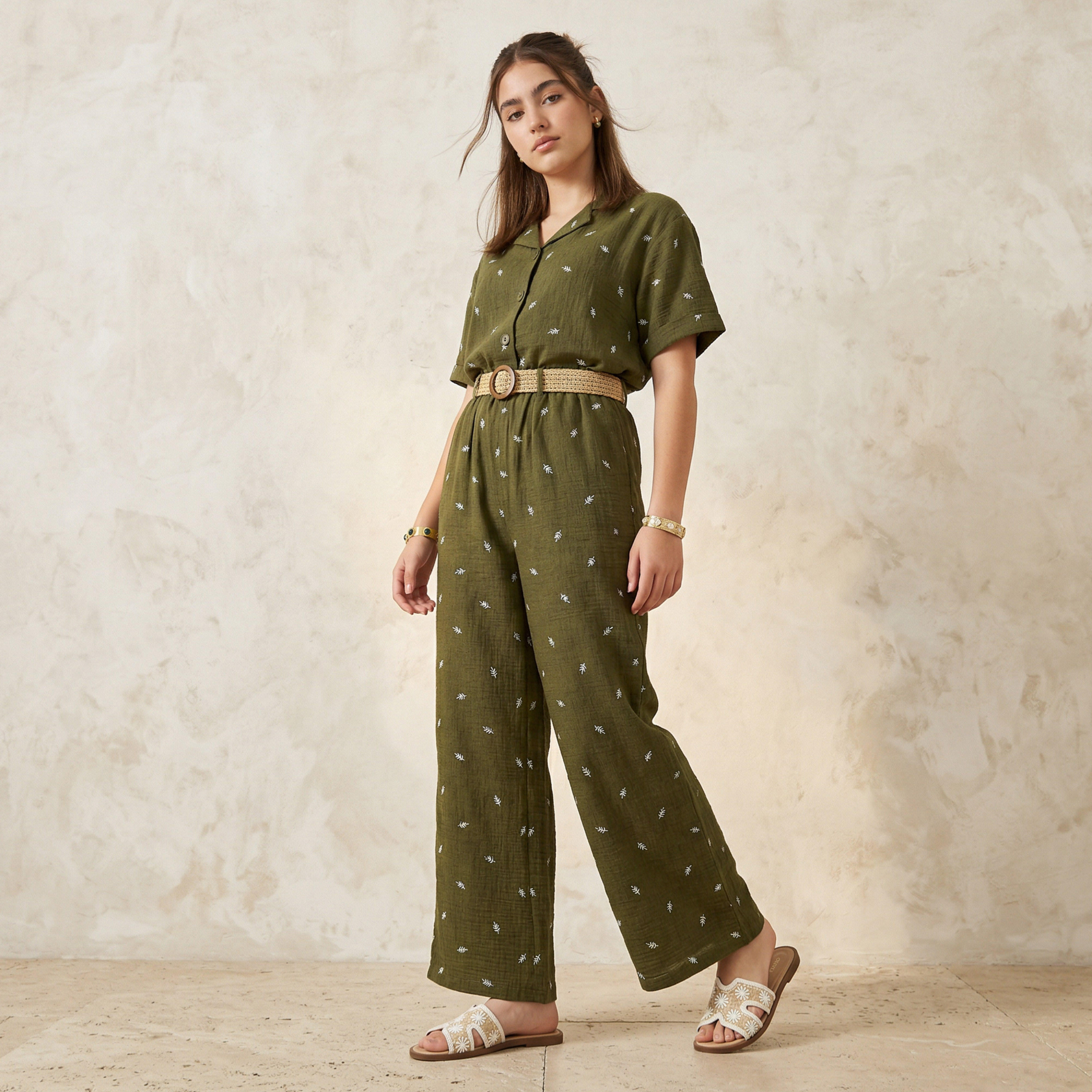 Mid-Rise Leaf Embroidered Belted Wide Leg Trousers-women-clothing-coordsets-image-3