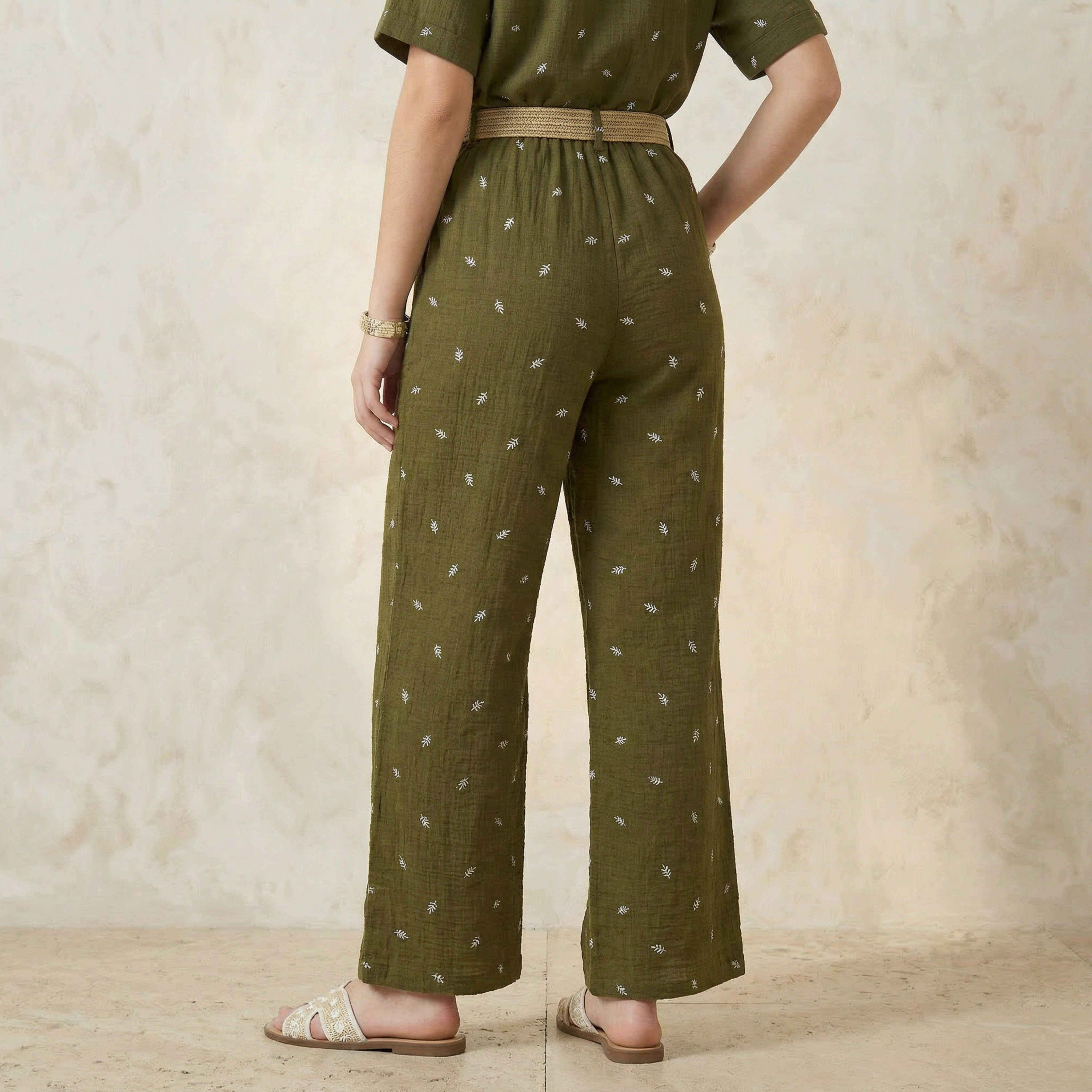Mid-Rise Leaf Embroidered Belted Wide Leg Trousers-women-clothing-coordsets-image-4
