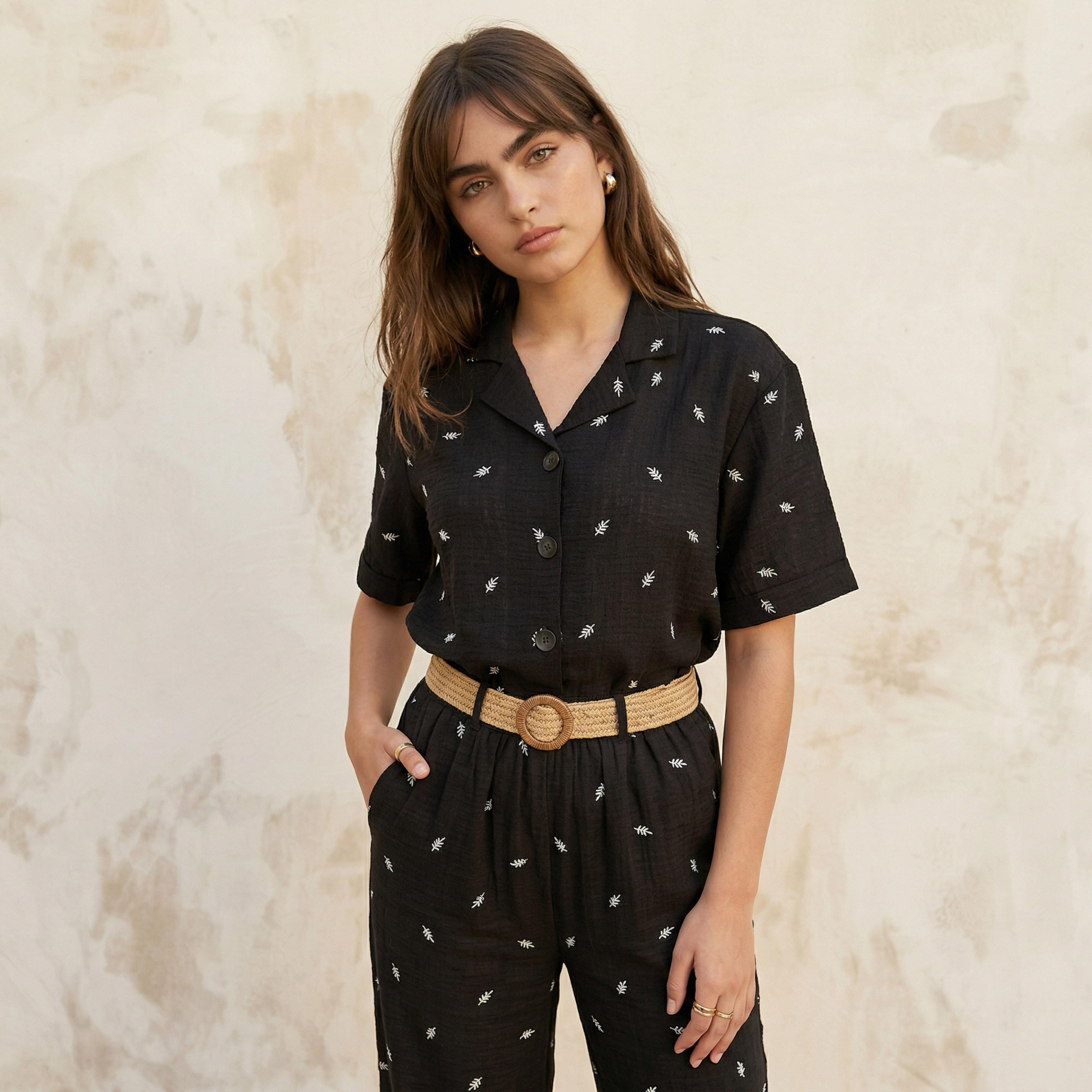 Leaf Embroidered Shirt with Short Sleeves-women-clothing-shirtsandblouses-shirts-image-1