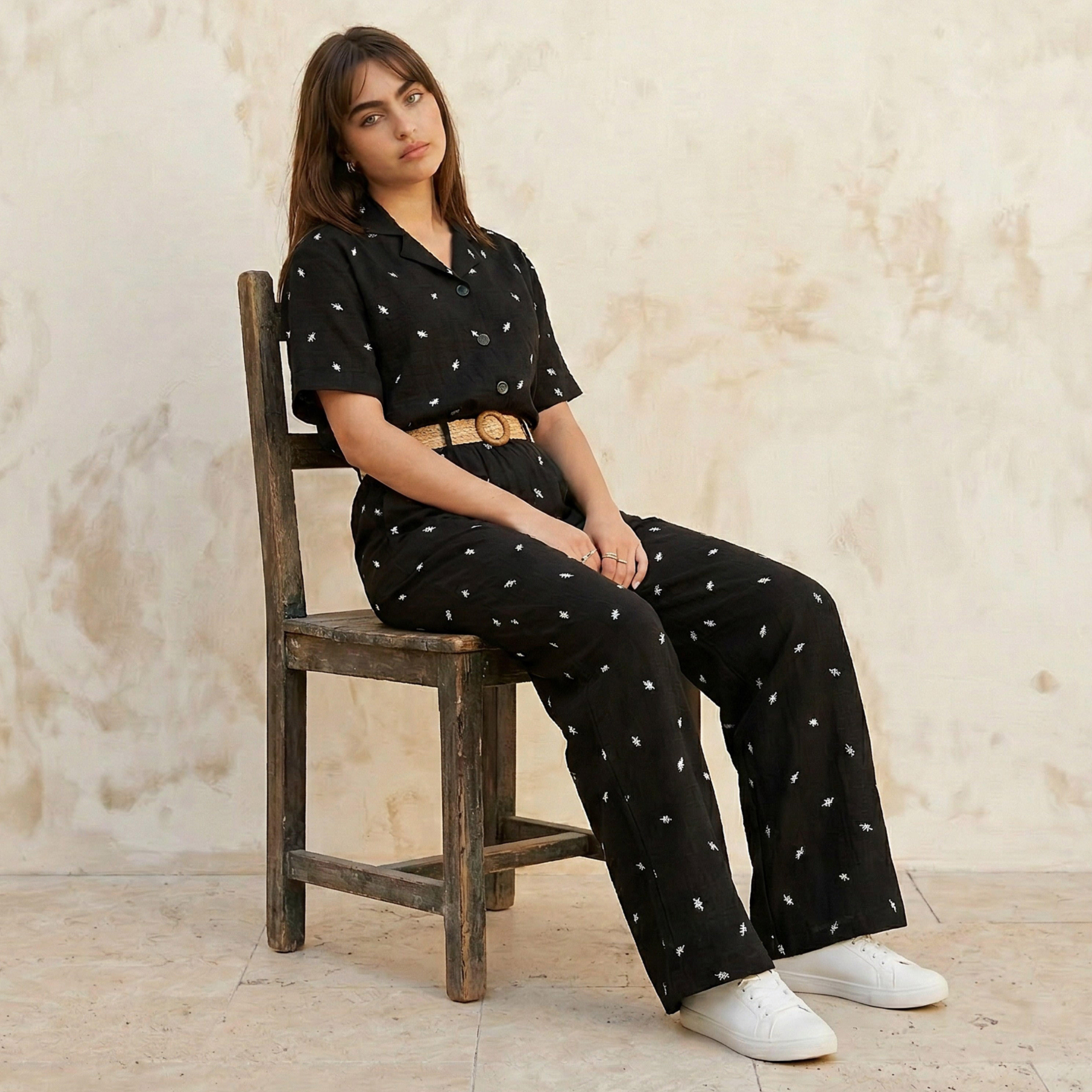 Leaf Embroidered Shirt with Short Sleeves-women-clothing-shirtsandblouses-shirts-image-3