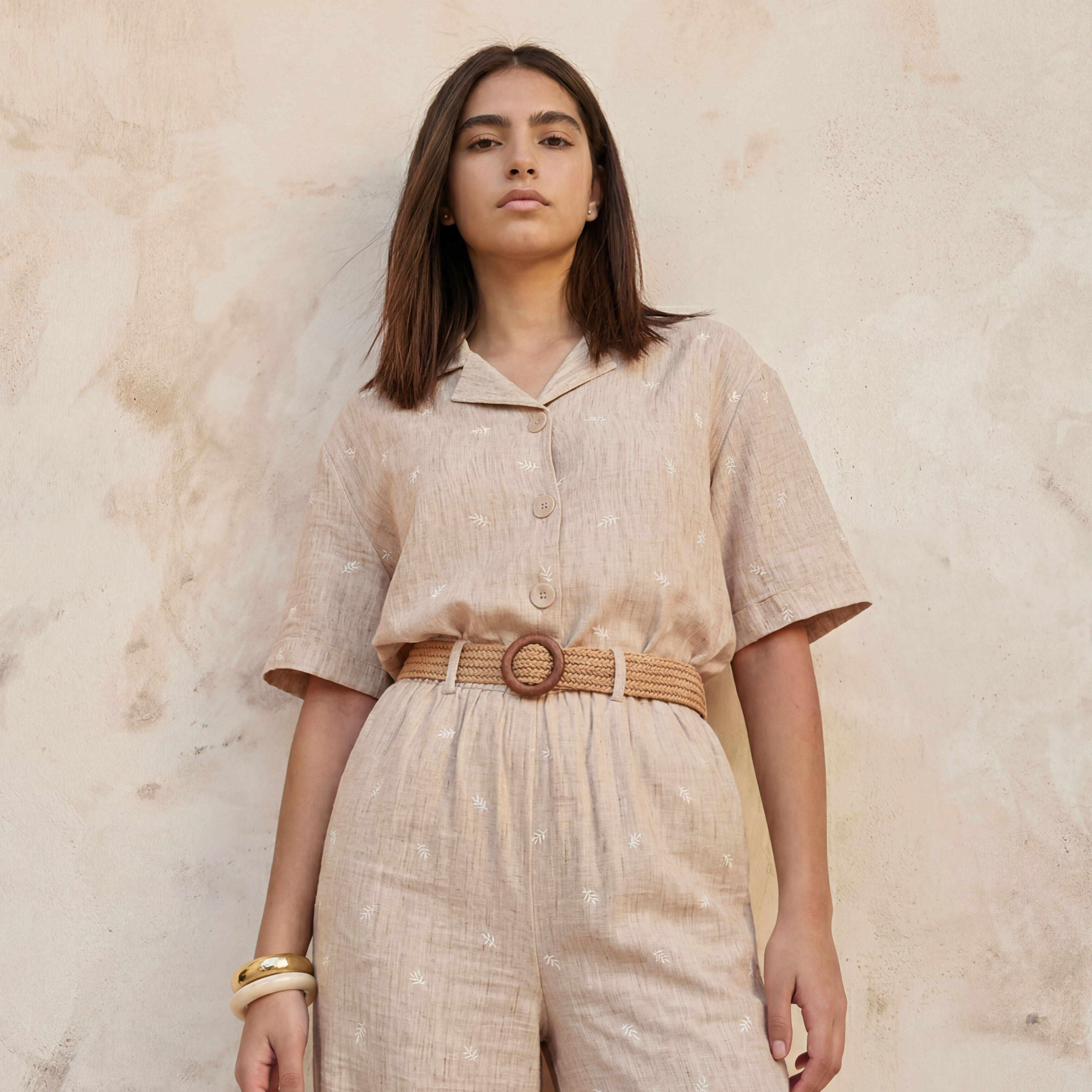 Leaf Embroidered Shirt with Short Sleeves-women-clothing-shirtsandblouses-shirts-image-1