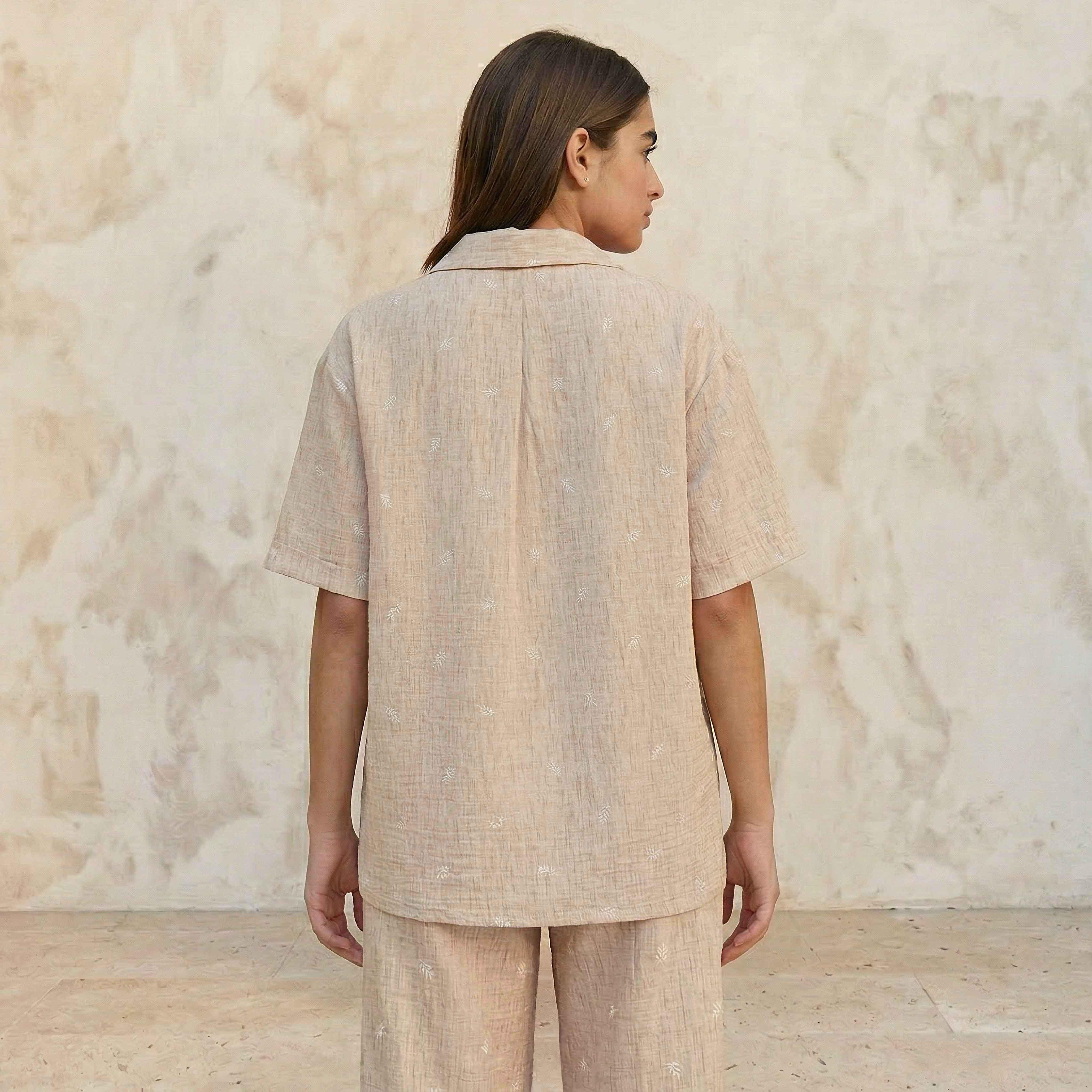 Leaf Embroidered Shirt with Short Sleeves-women-clothing-shirtsandblouses-shirts-image-4