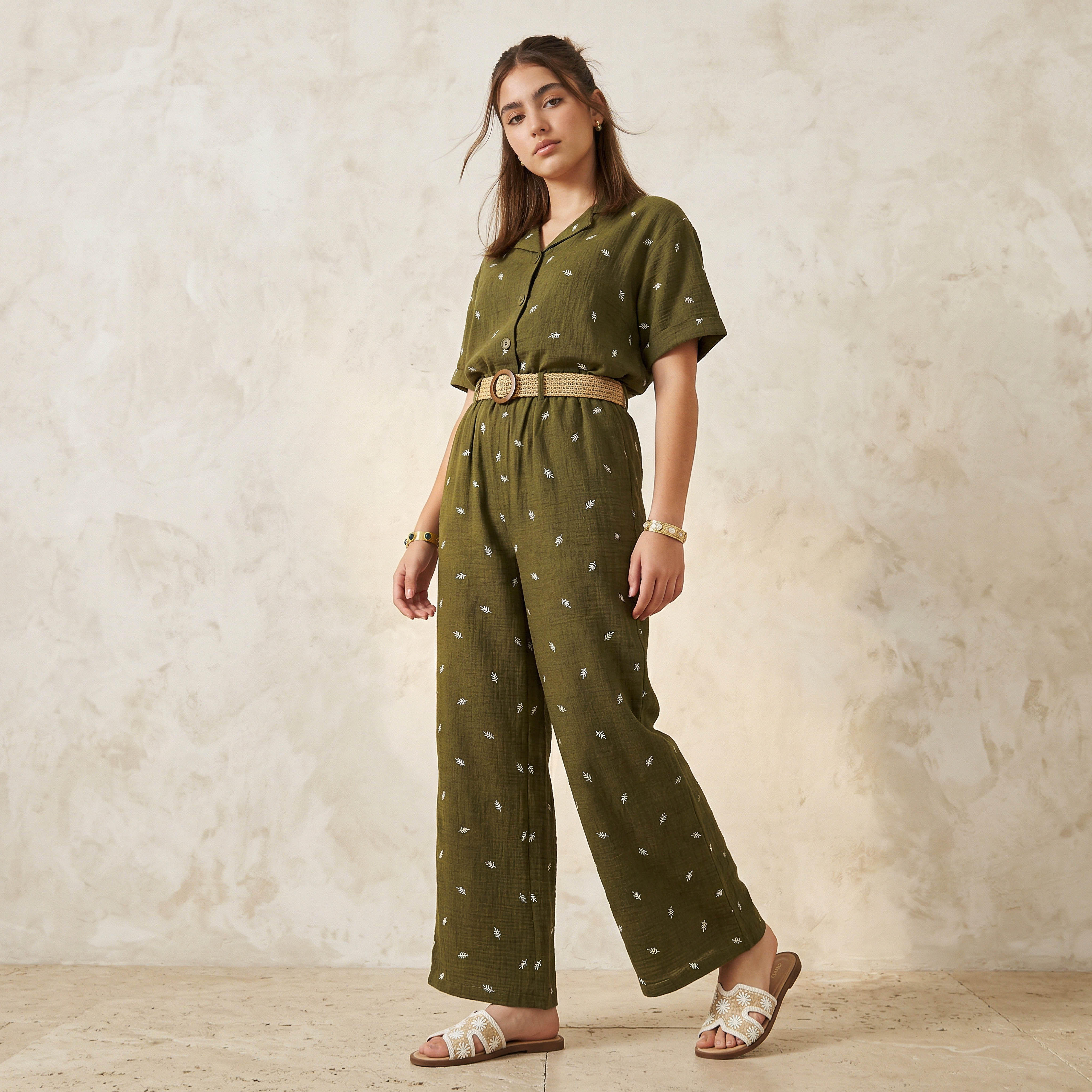 Leaf Embroidered Shirt with Short Sleeves-women-clothing-shirtsandblouses-shirts-image-3