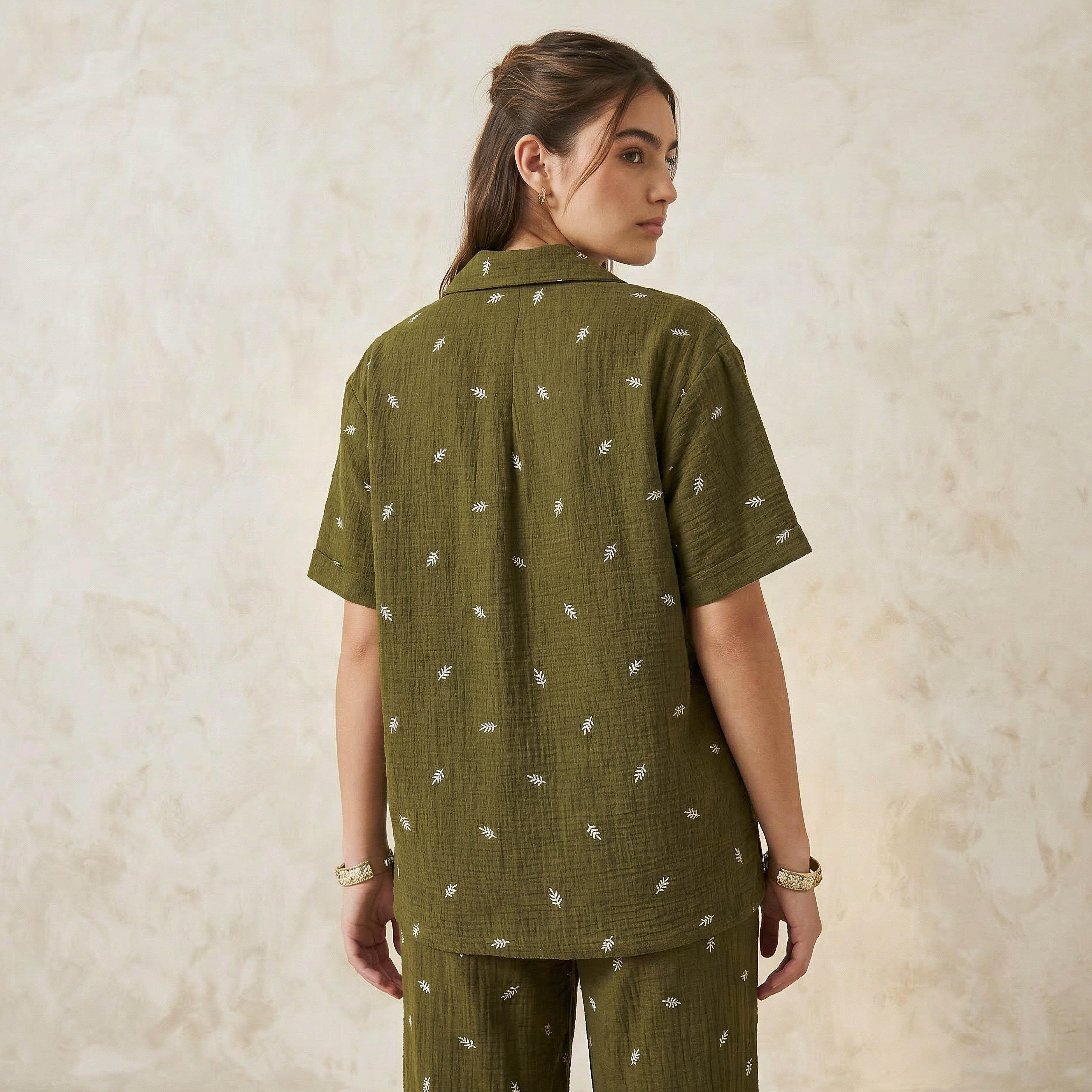 Leaf Embroidered Shirt with Short Sleeves-women-clothing-shirtsandblouses-shirts-image-4