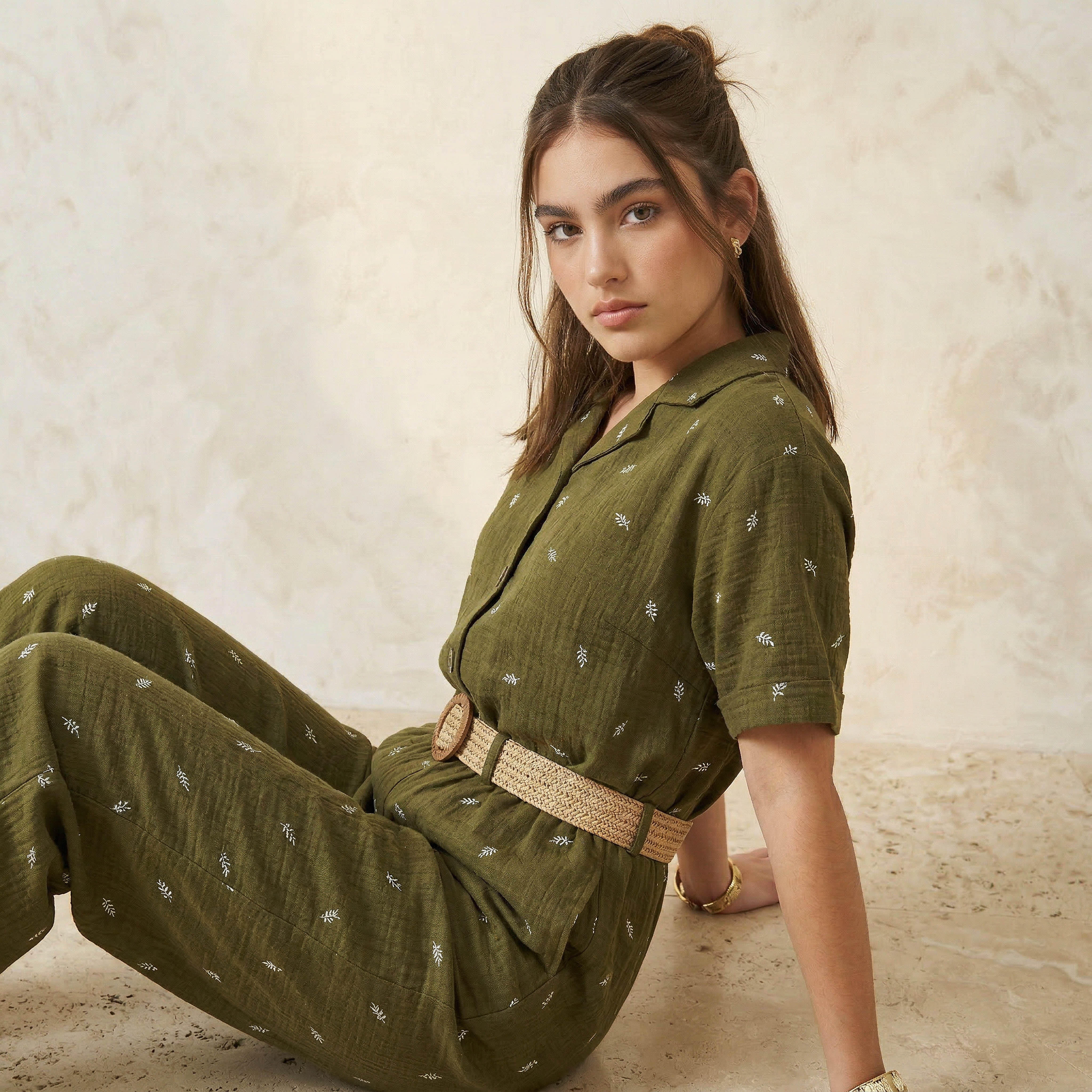 Leaf Embroidered Shirt with Short Sleeves-women-clothing-shirtsandblouses-shirts-image-5