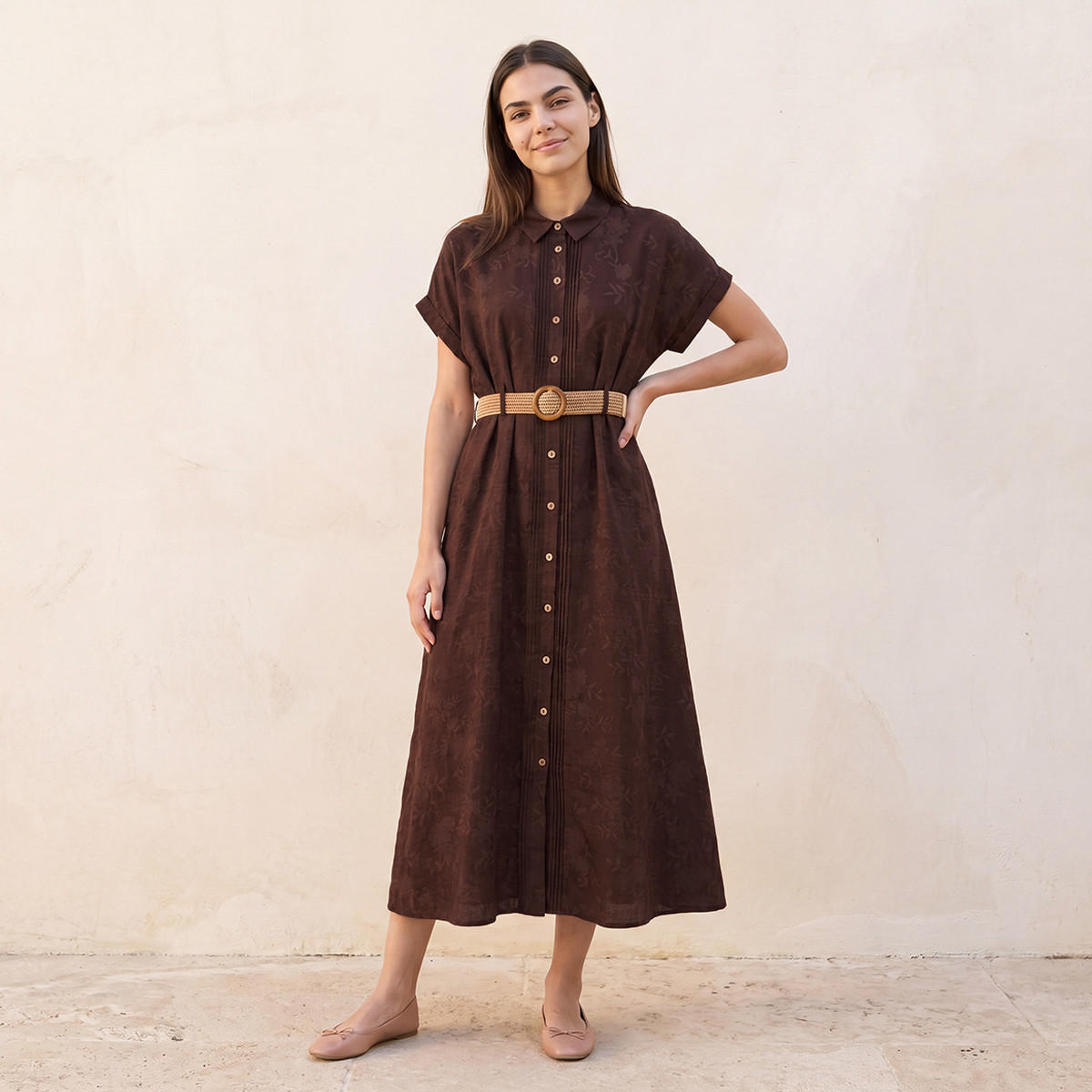 Embroidered Women Shirt Dress with Belt-women-clothing-dresses-image-1