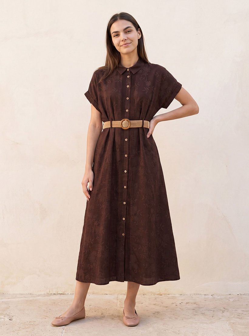 Embroidered Women Shirt Dress with Belt-women-clothing-dresses-image-1