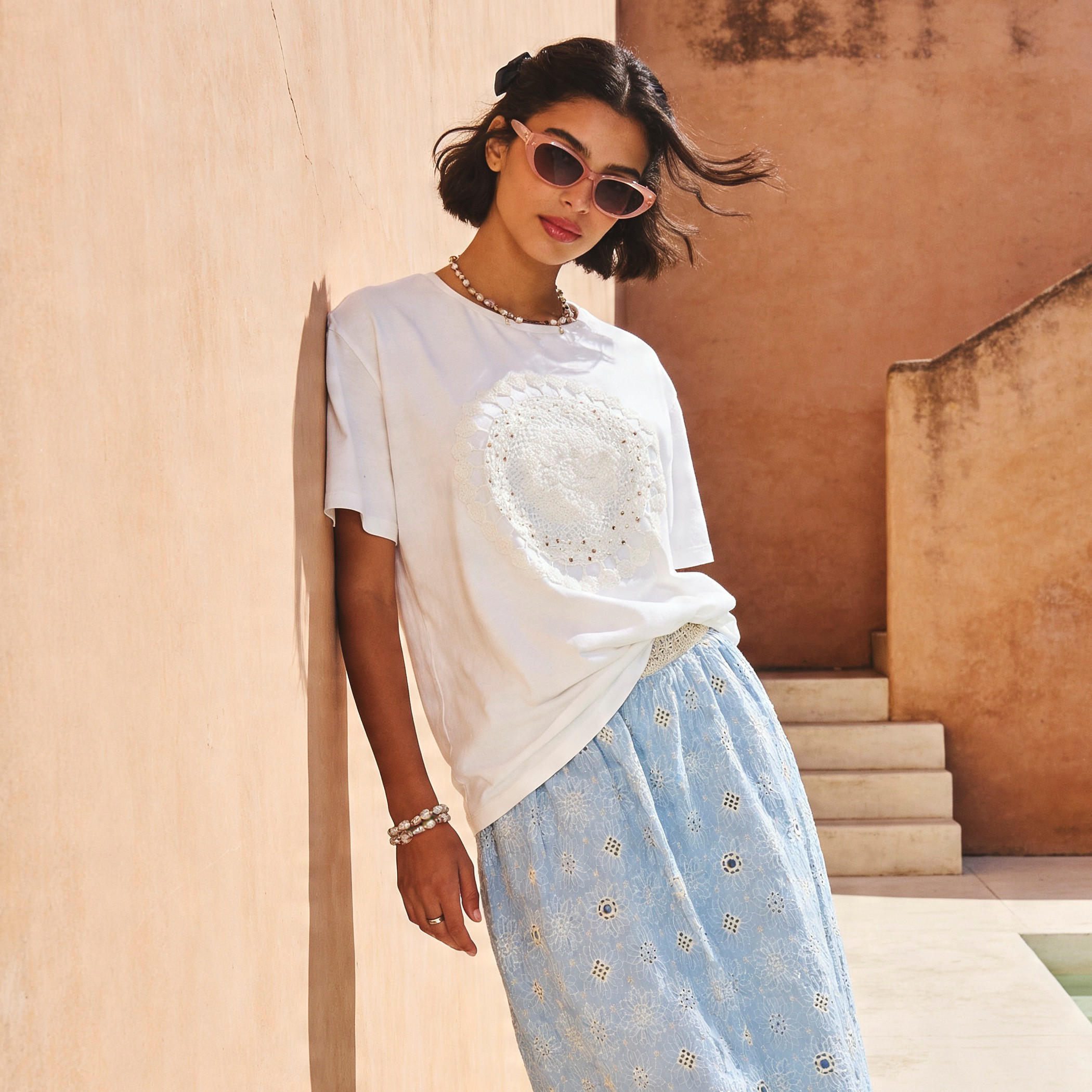 Cotton T-shirt with Crochet Applique Detail-women-clothing-tshirts-image-1