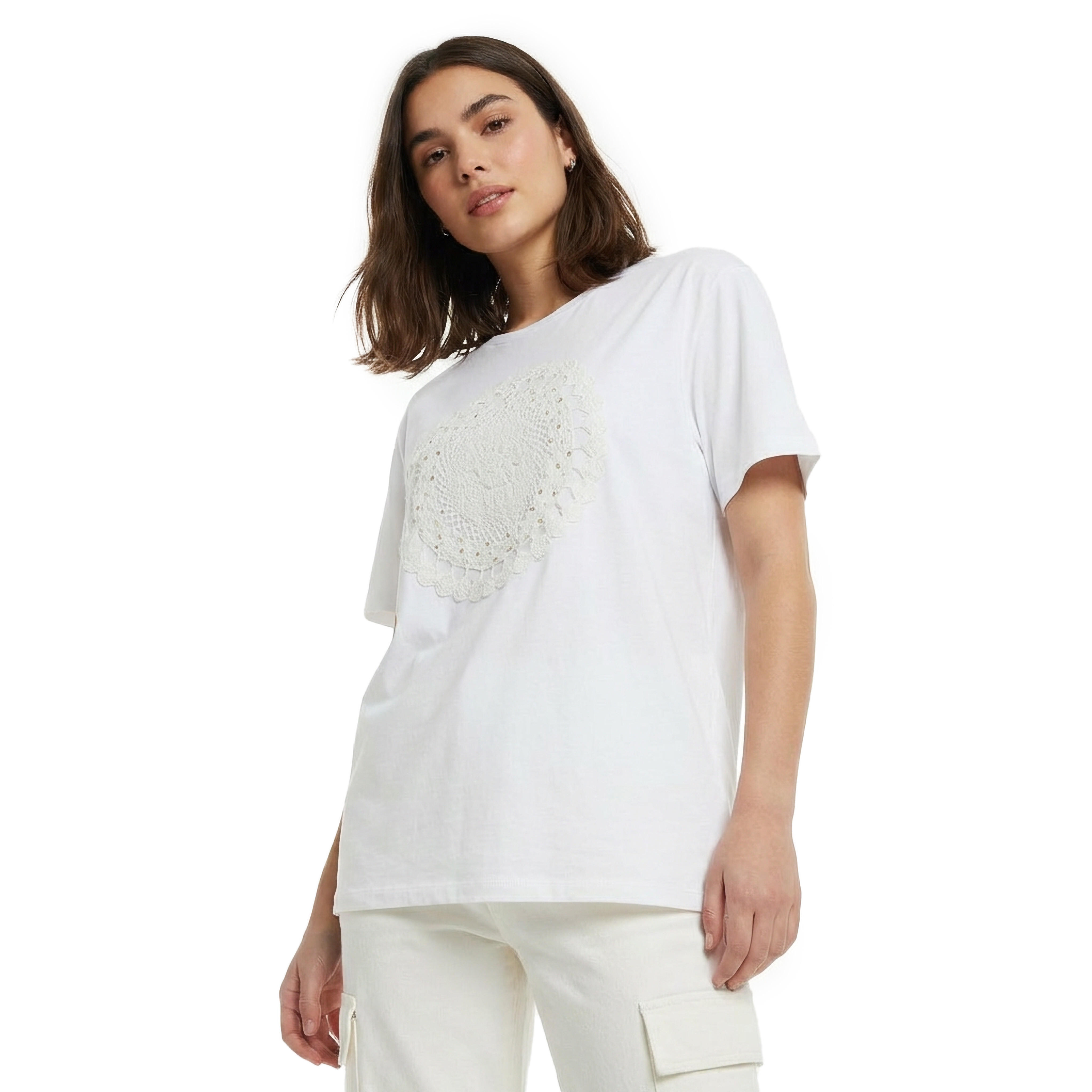 Cotton T-shirt with Crochet Applique Detail-women-clothing-tshirts-image-5