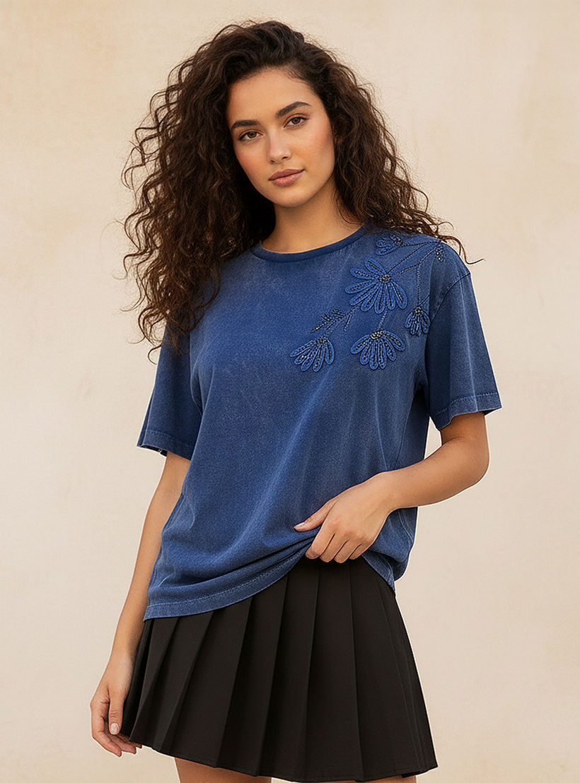 Cotton T-shirt with Floral Applique-women-clothing-tshirts-image-2