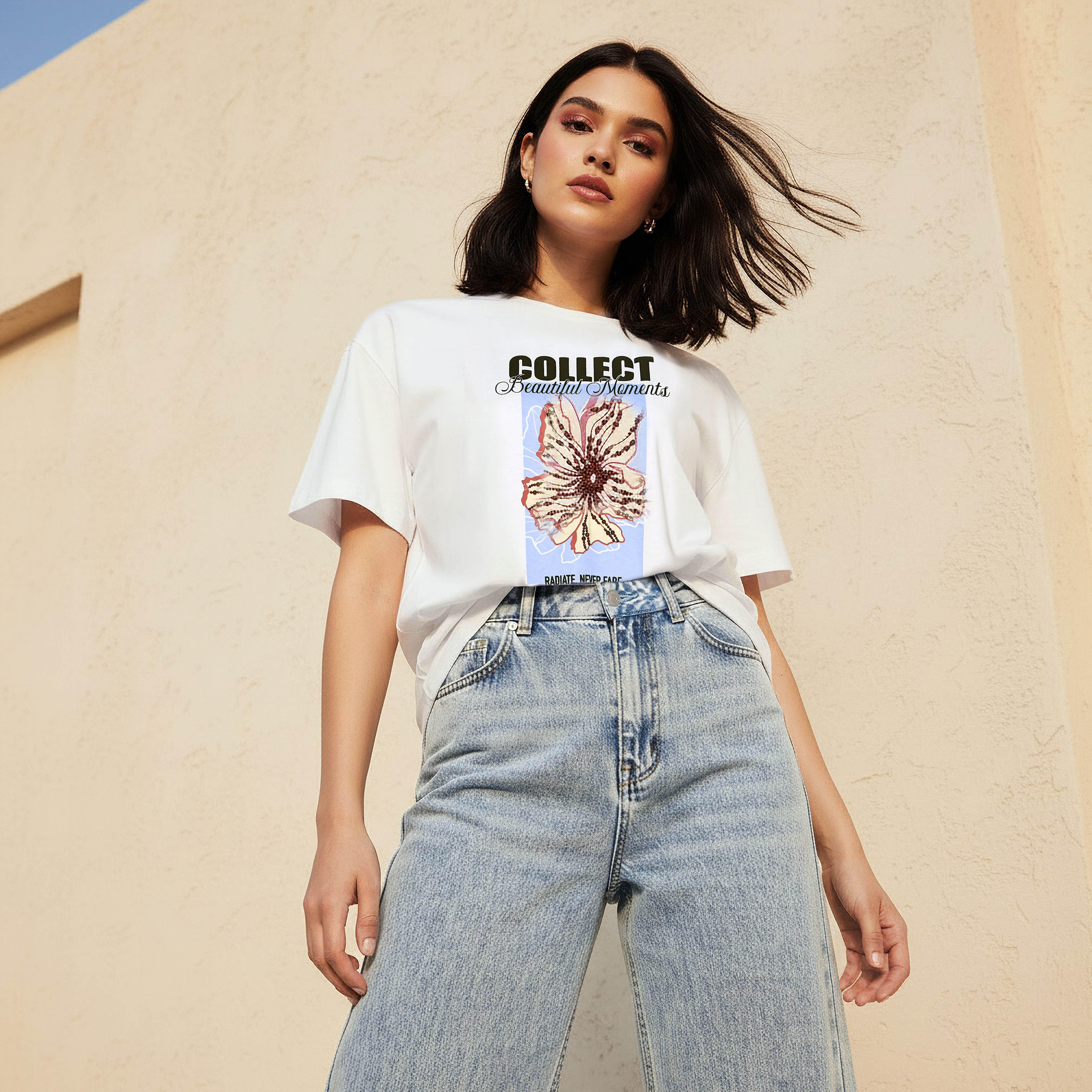 Cotton T-shirt with Floral Graphic Print-women-clothing-tshirts-image-3