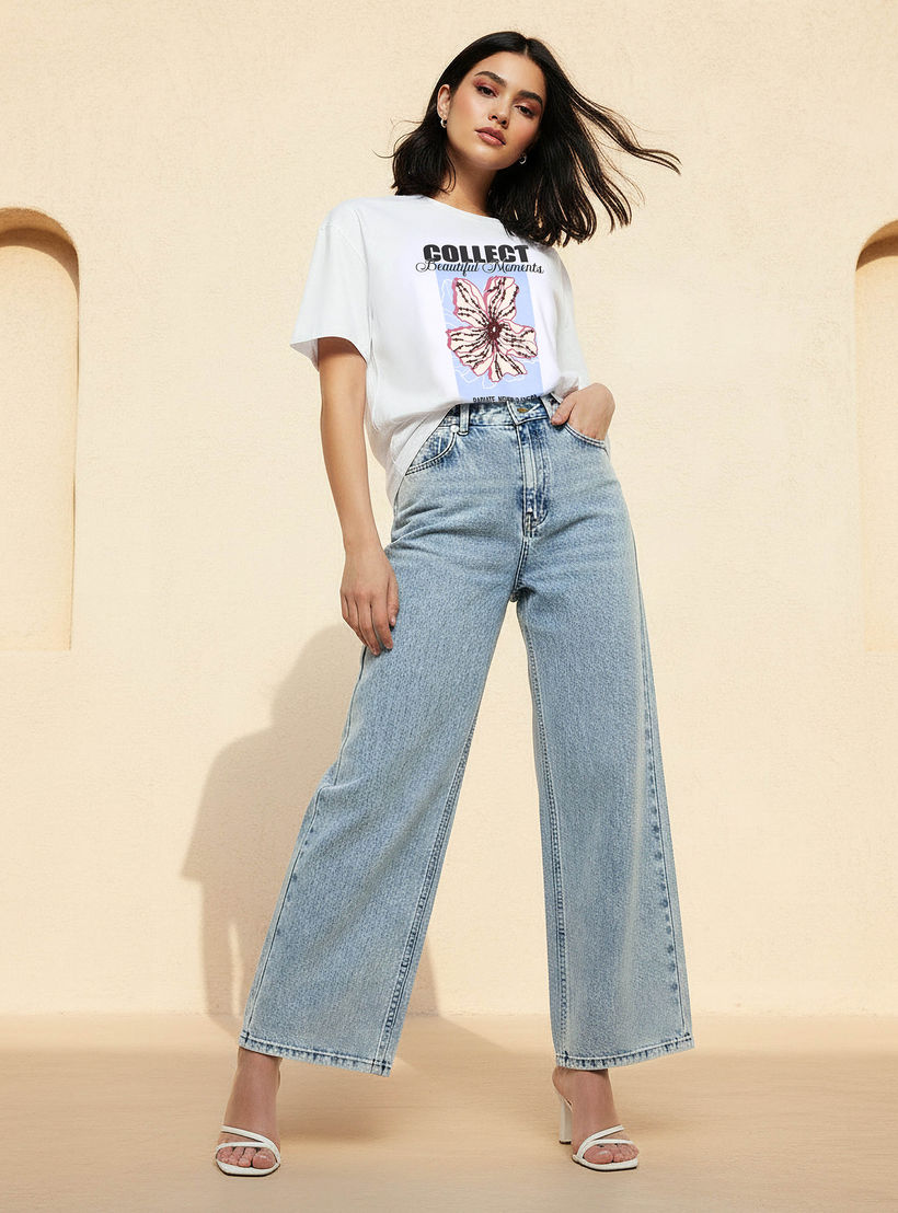 Cotton T-shirt with Floral Graphic Print-women-clothing-tshirts-image-4