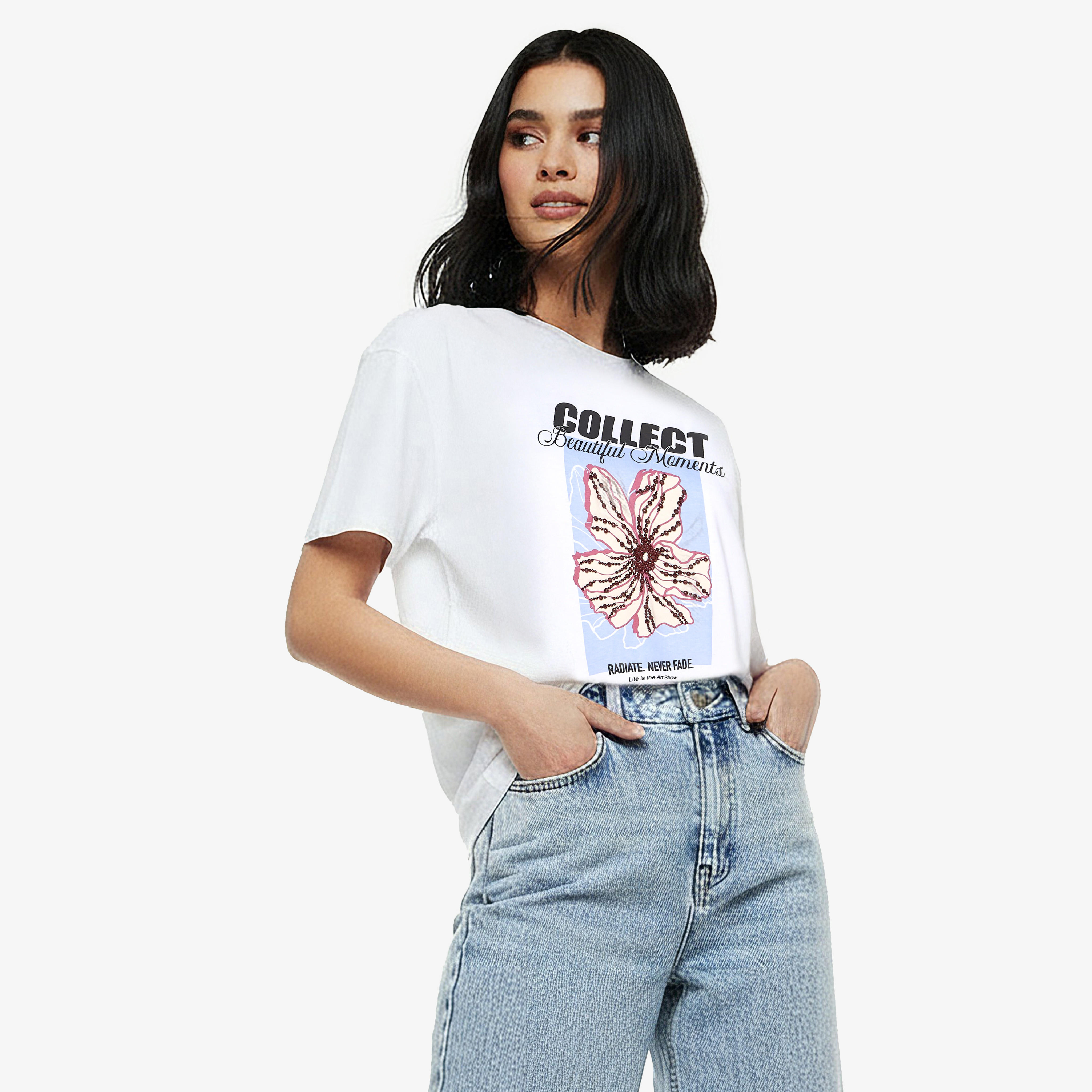 Cotton T-shirt with Floral Graphic Print-women-clothing-tshirts-image-6