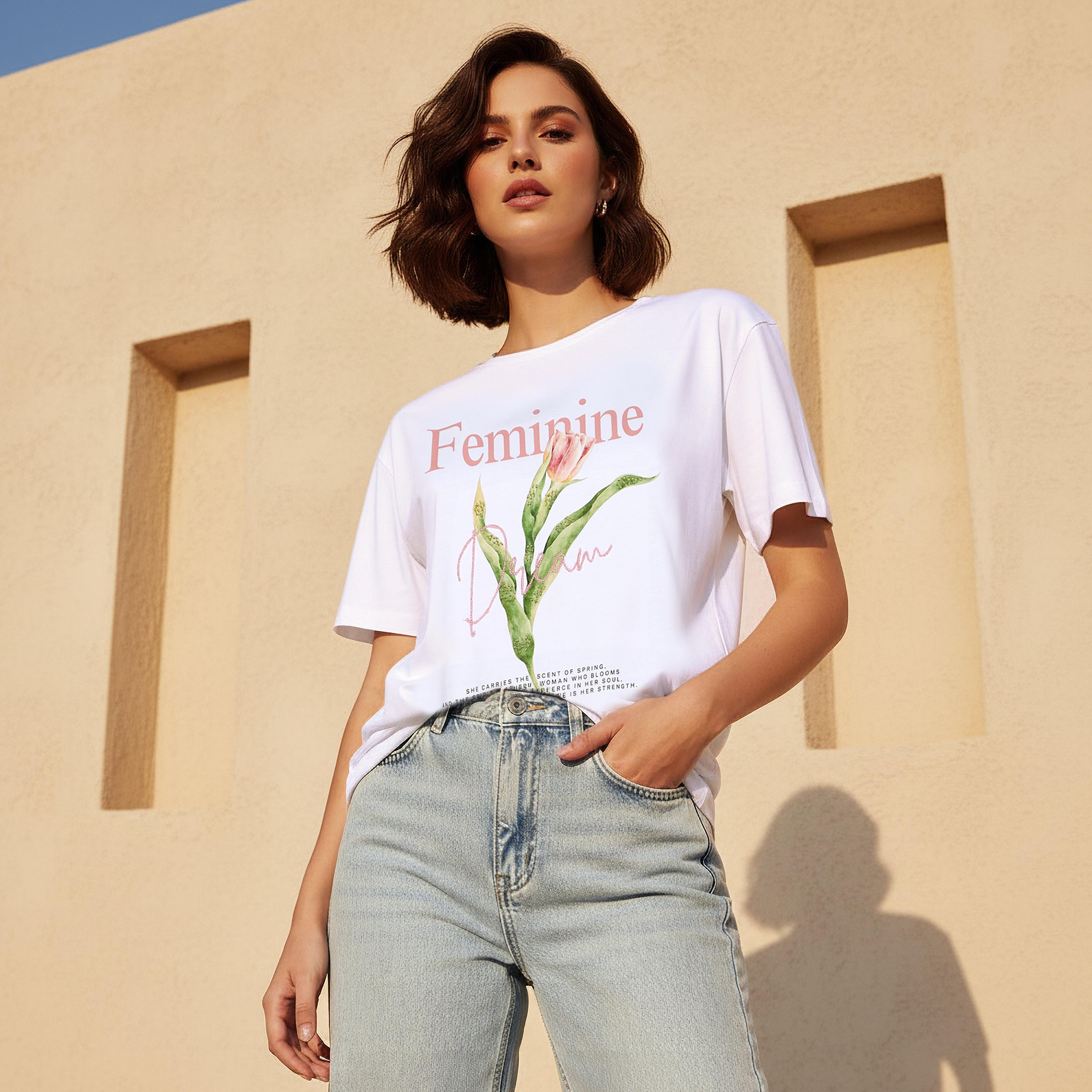 Cotton T-shirt with Floral Graphic Print-women-clothing-tshirts-image-1