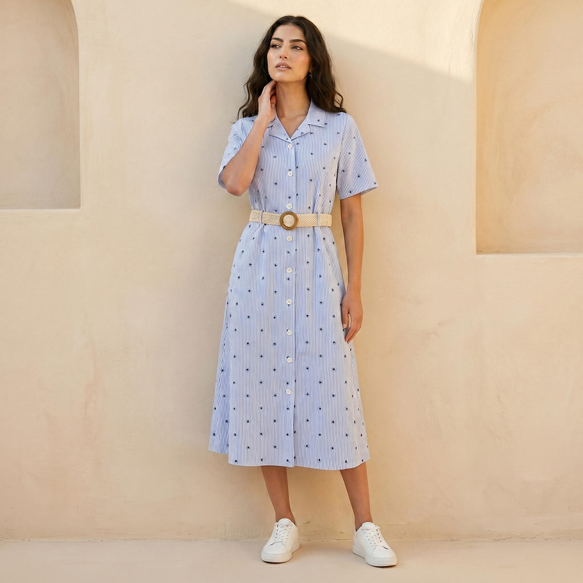Striped Women Shirt Dress with Belt Cotton-women-clothing-dresses-image-1