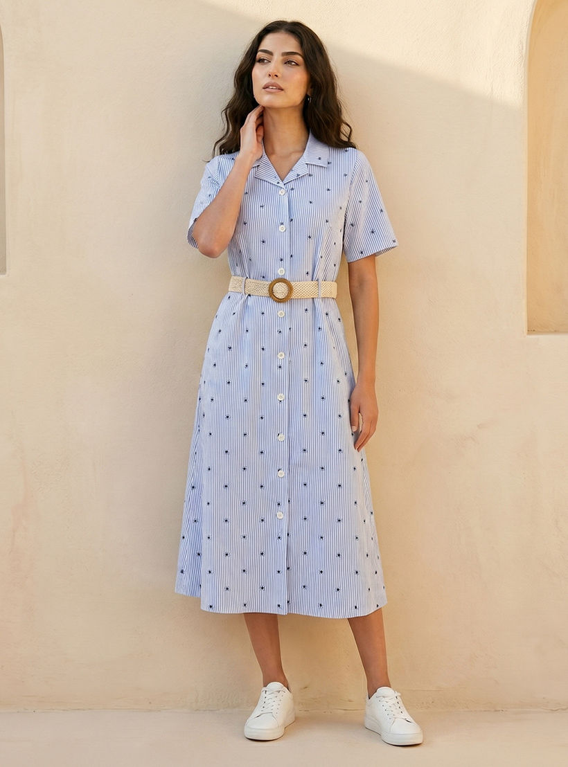 Striped Women Shirt Dress with Belt Cotton-women-clothing-dresses-image-1