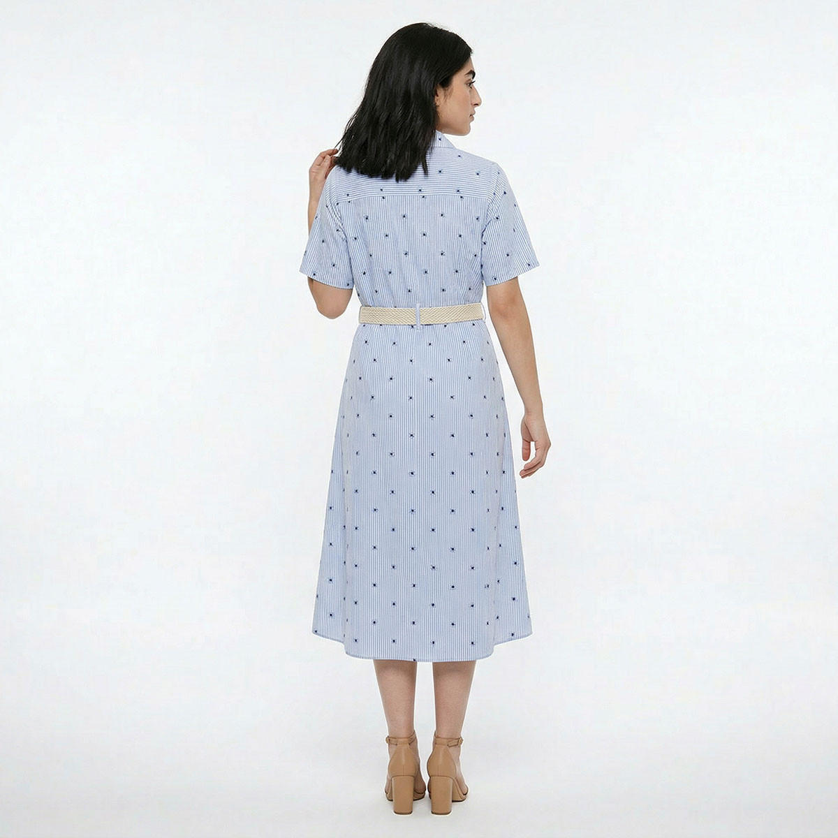 فستان قميص مقلم قطن بحزام للنساء-women-clothing-dresses-image-4