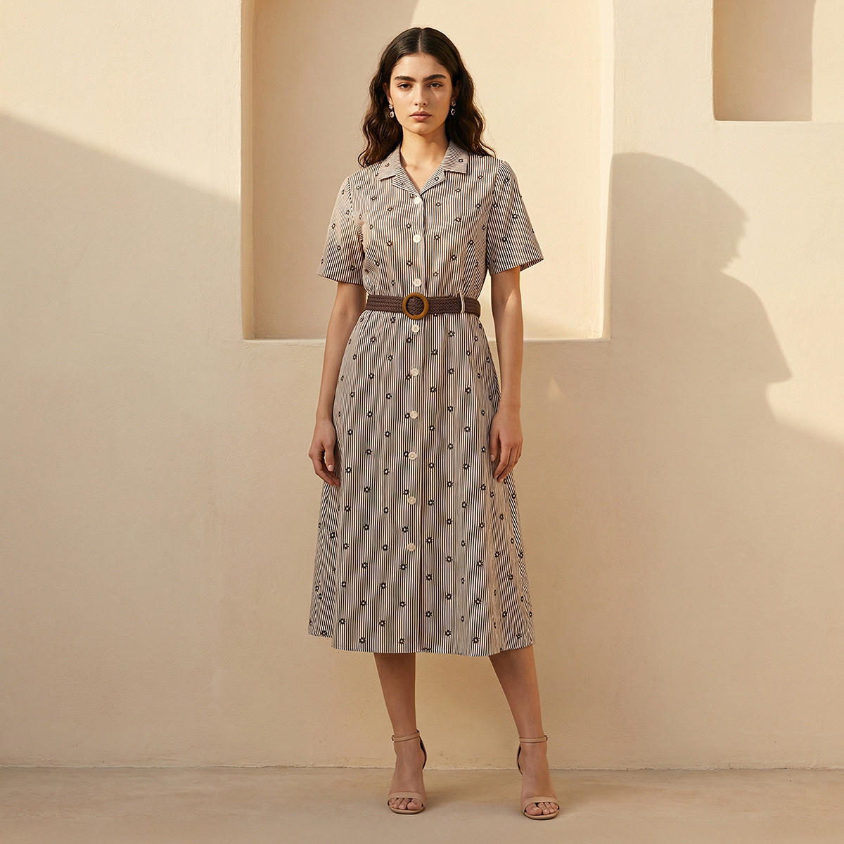 Striped Women Shirt Dress with Belt Cotton-women-clothing-dresses-image-1