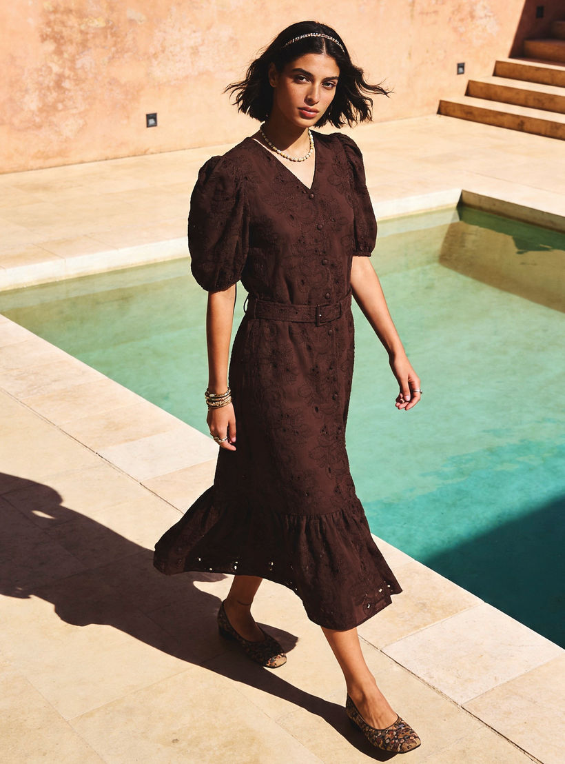 Shop Tiered Midi Cotton Schiffli Embroidered Dress with Belt Online | Splash Bahrain Shop Tiered Midi Cotton Schiffli Embroidered Dress with Belt Online | Splash Bahrain