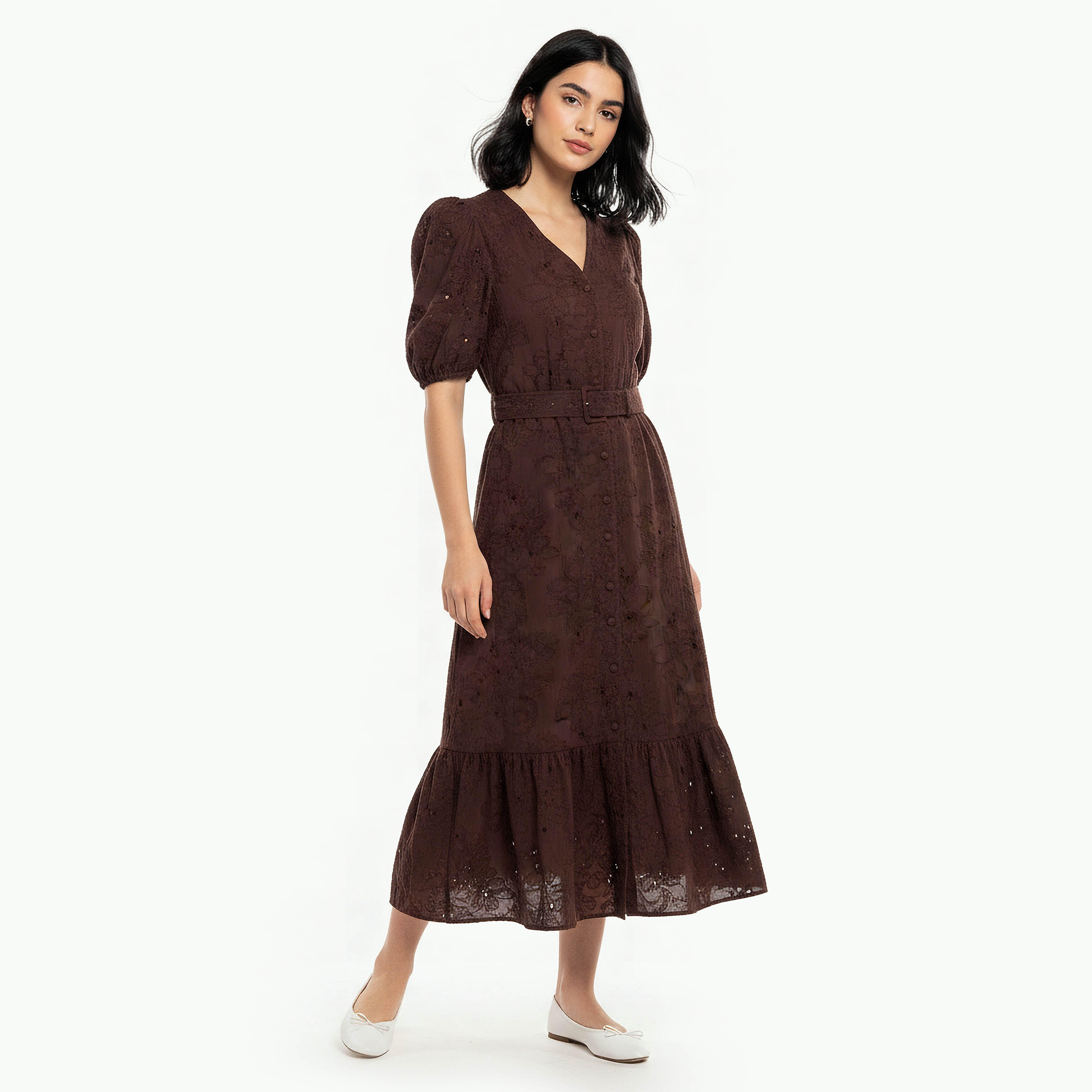 Tiered Midi Cotton Schiffli Embroidered Dress with Belt-women-clothing-dresses-image-3
